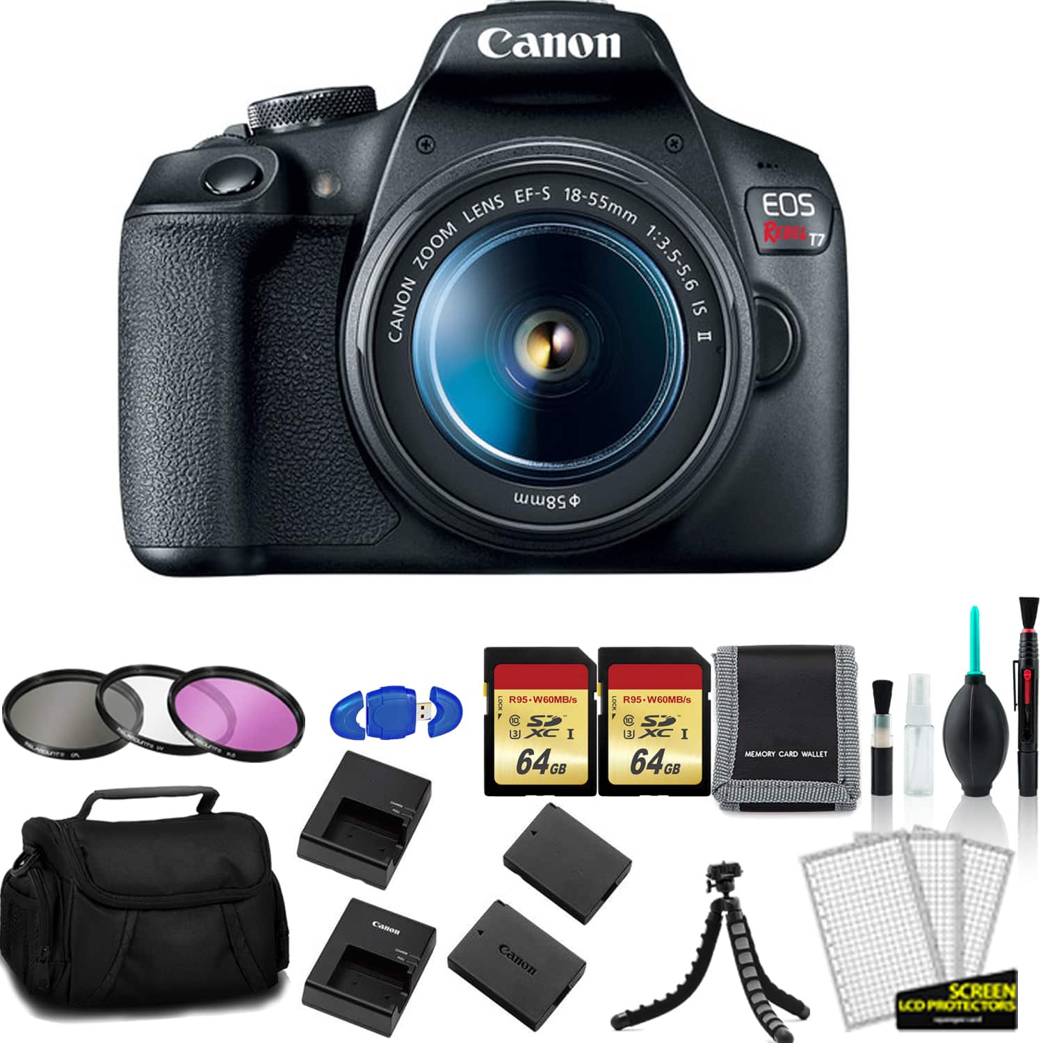Canon - EOS Rebel T7 with 18-55mm IS II Lens, 2× 64GB Cards, Extra Battery and Charger Bundle – International Model