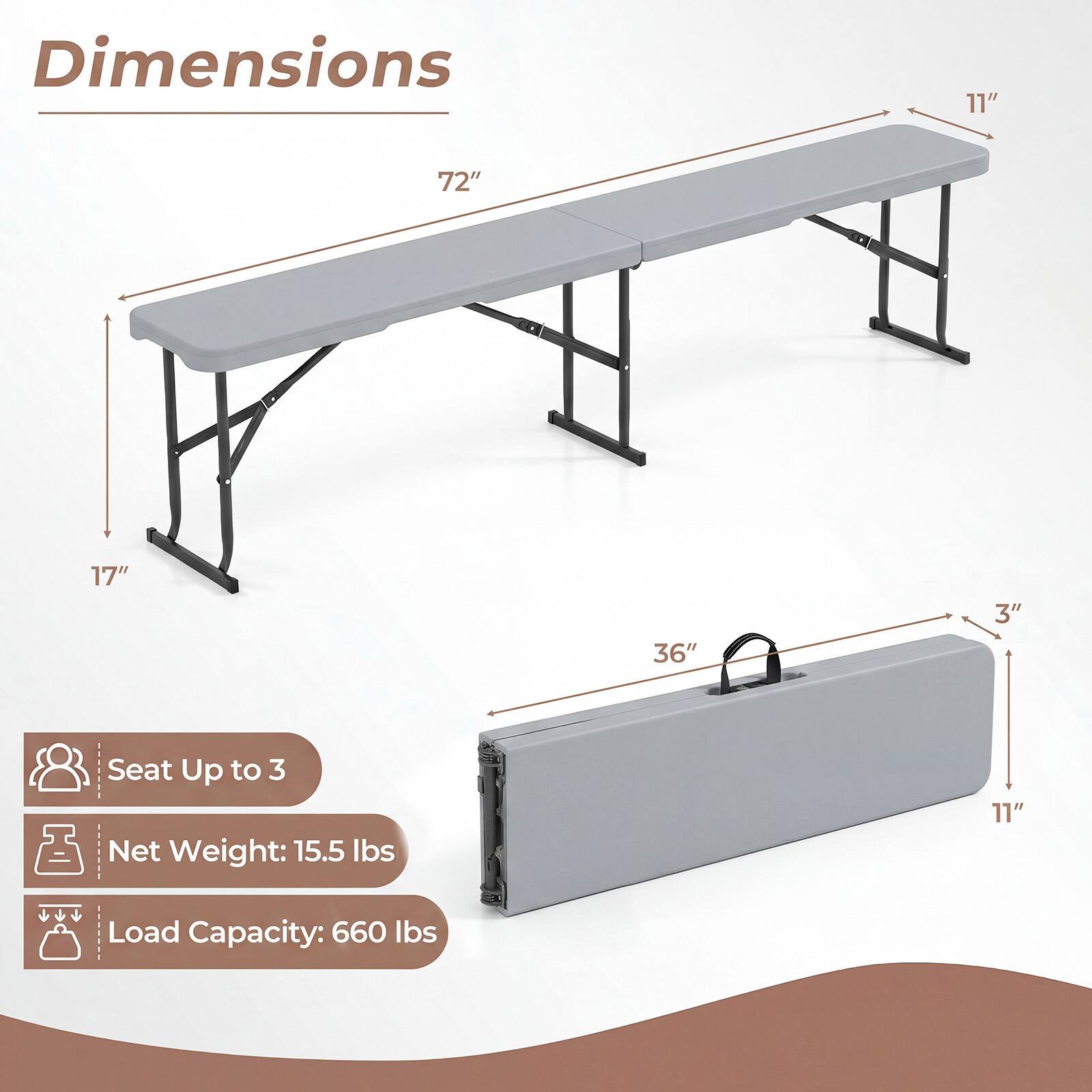 Dimensions: 11" x 72" x 17" x 36" x 3"  
Seat: Up to 3  
Net Weight: 15.5 lbs  
Load Capacity: 660 lbs