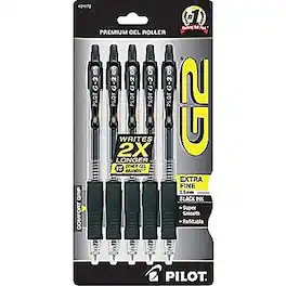 Pilot - G2 Retractable Gel Pens, Extra Fine Point, 0.5mm, Black Ink, 5/Pack - Clear