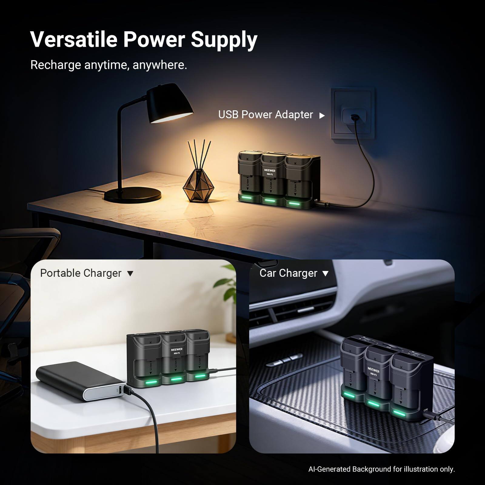 Versatile Power Supply  
Recharge anytime, anywhere.  

USB Power Adapter  

Portable Charger  

Car Charger  

CE NEEHER  

AI-Generated Background for illustration only.