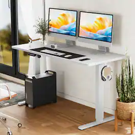 Bestier - Electric Adjustable Standing Computer Office Desk with Splice Board, 2 Hooks, and Wire Hole for Work - White