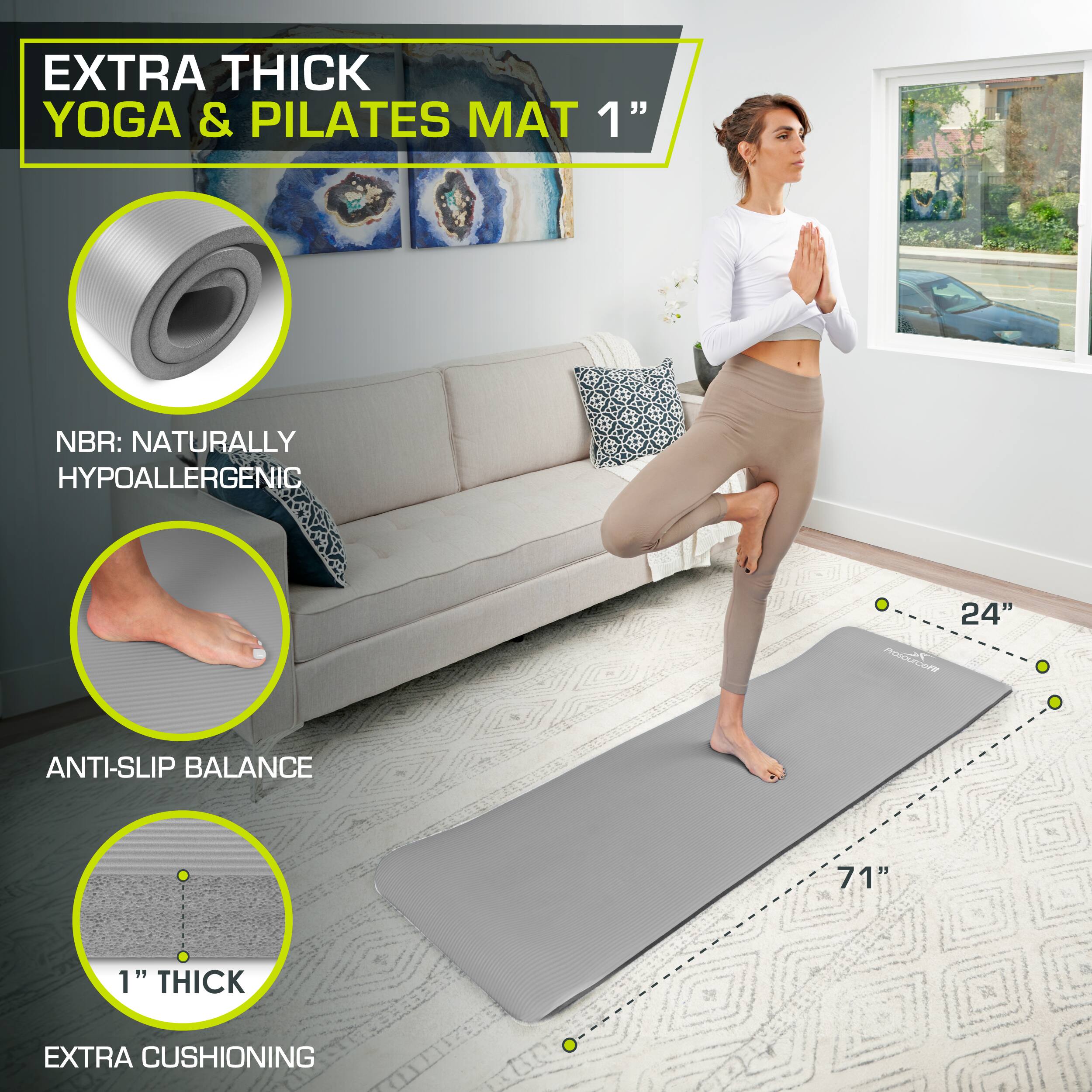 EXTRA THICK YOGA & PILATES MAT 1" NBR: NATURALLY HYPOALLERGENIC 24" ANTI-SLIP BALANCE 71" 1" THICK EXTRA CUSHIONING