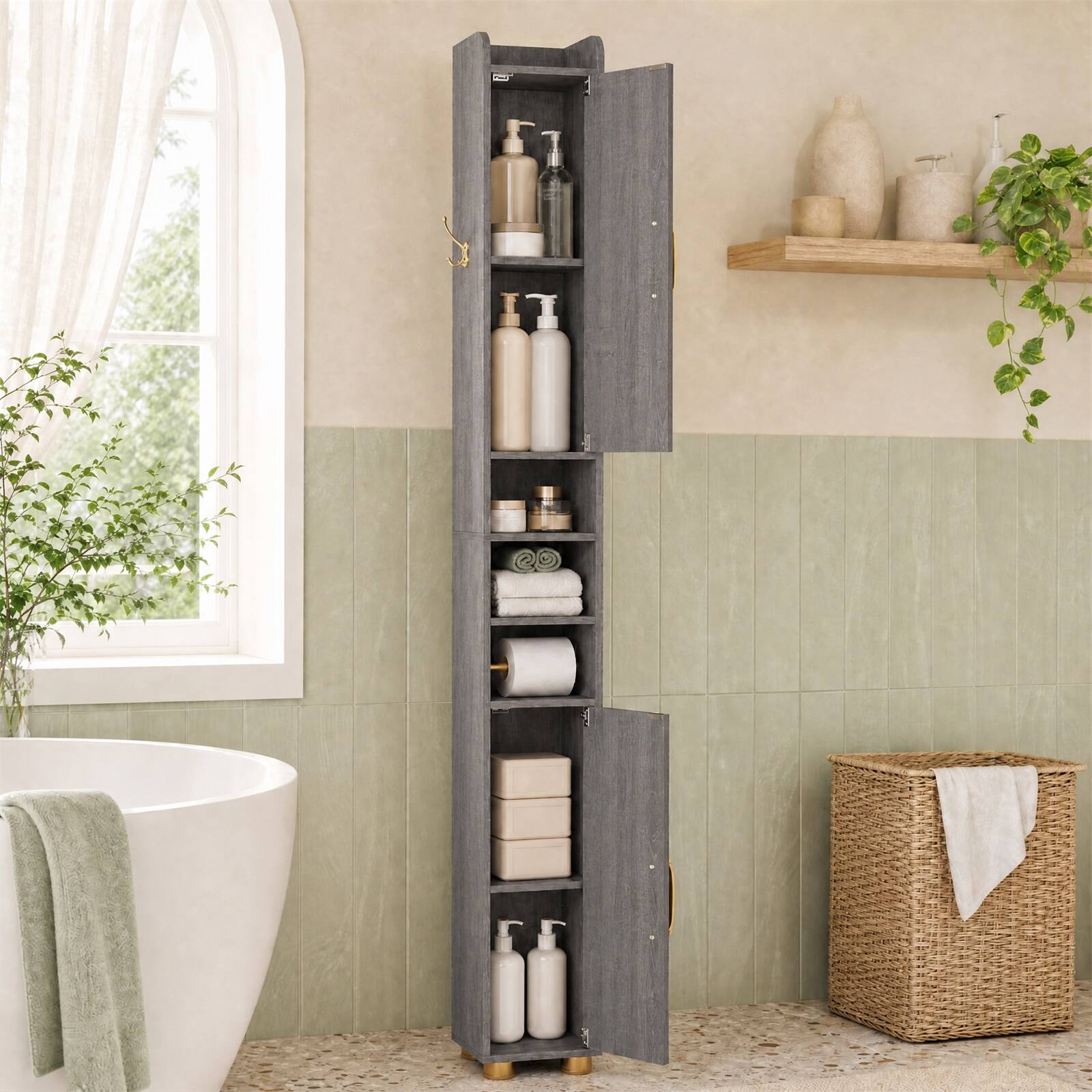Alt View 4. Costway - Costway 2 PCS 69.5" Narrow Bathroom Cabinet with 2 Doors Adjustable Shelves Toilet Paper Rod - Gray.