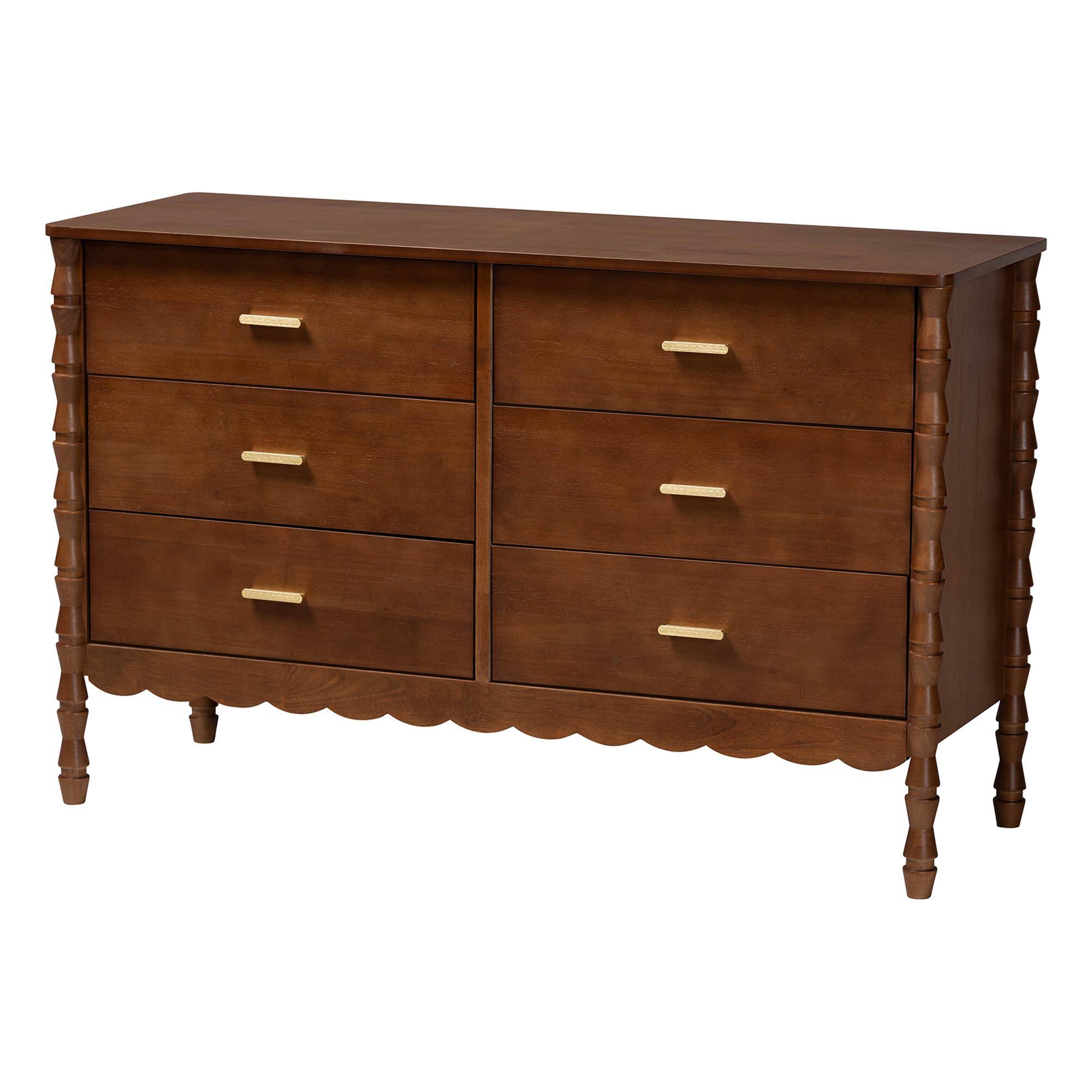 Front. Baxton Studio - Danette Bobbin Wood 6-Drawer Dresser - Walnut Brown.
