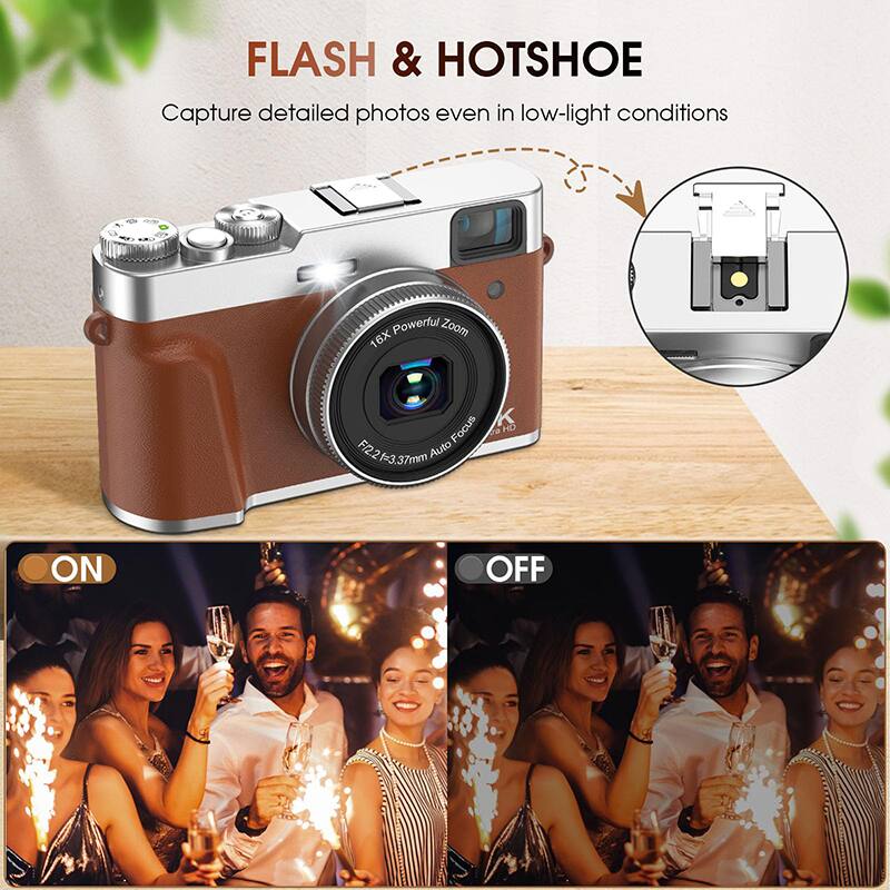 FLASH & HOTSHOE  
Capture detailed photos even in low-light conditions  

16X Powerful Zoom  
Focus HD  
FR_21=3.37mm F/2.2  
Auto ON OFF  

ON  
OFF
