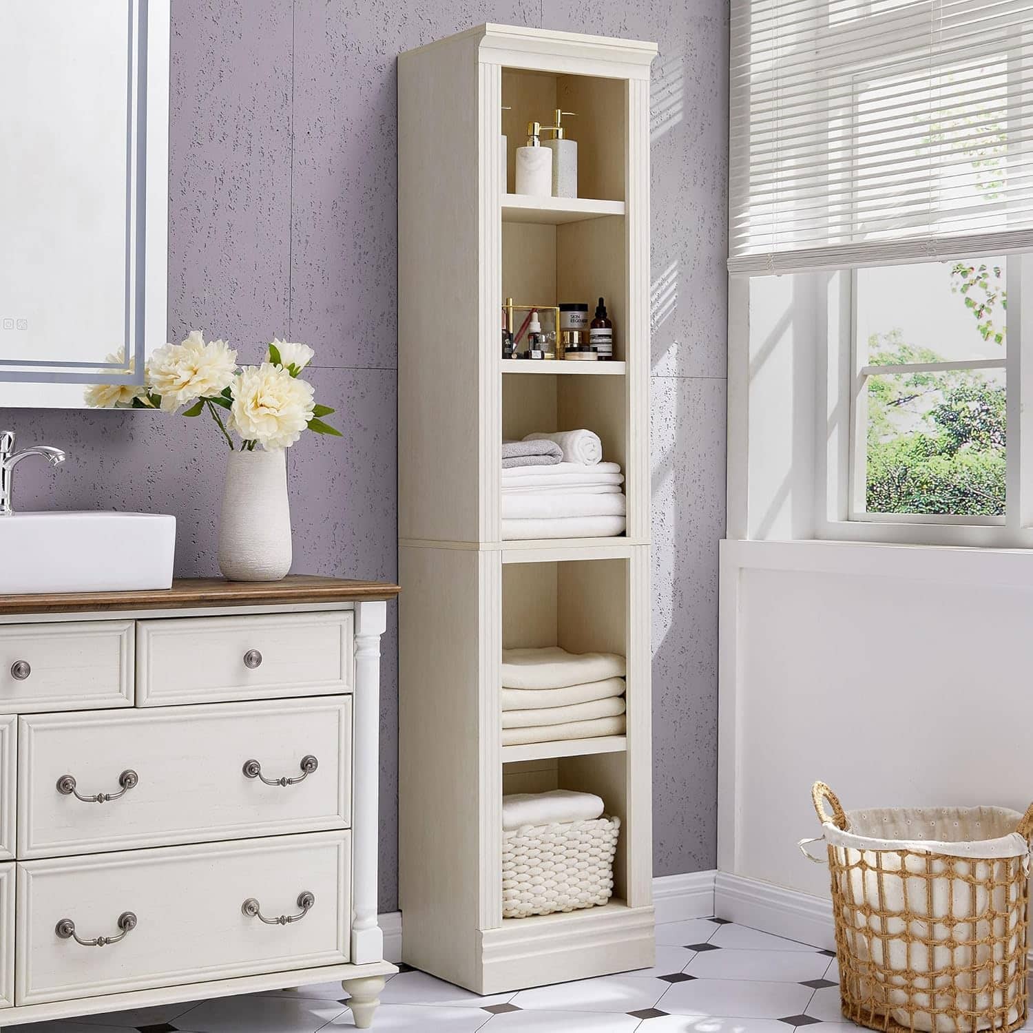 VAUXHILL & CO. - Halston Narrow Bookcase, Adjustable Storage Shelving Unit - Cream