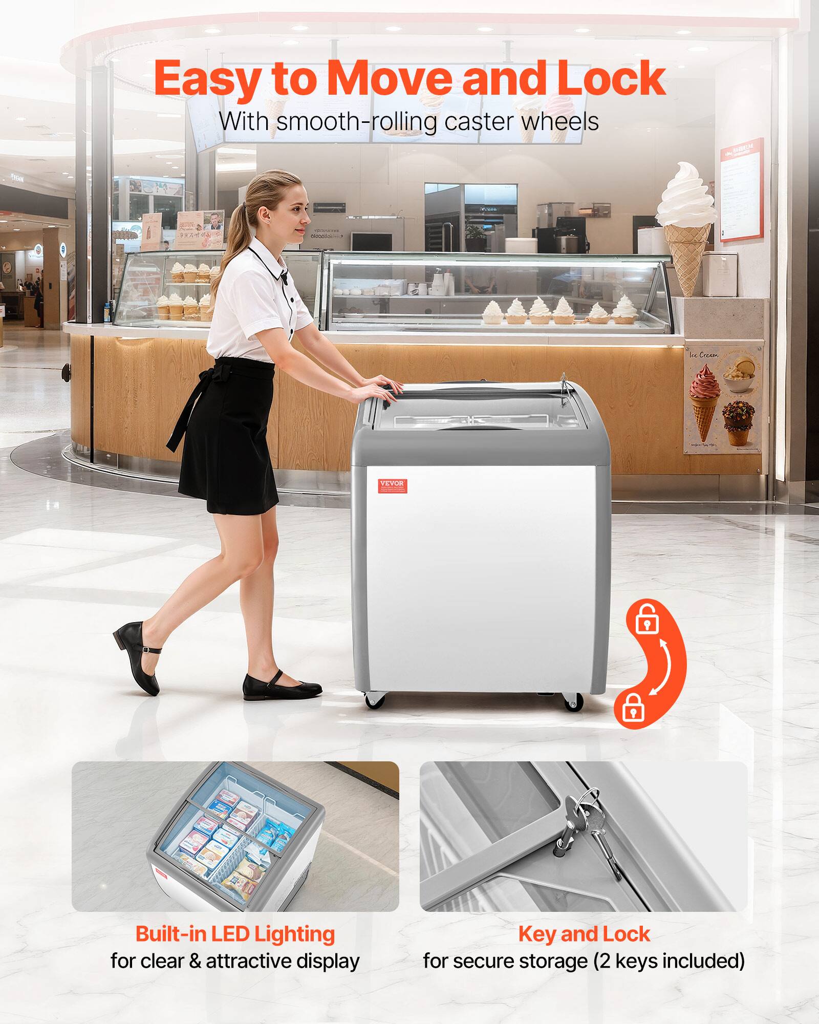 Easy to Move and Lock  
With smooth-rolling caster wheels  

Built-in LED Lighting for clear & attractive display  

Key and Lock for secure storage (2 keys included)
