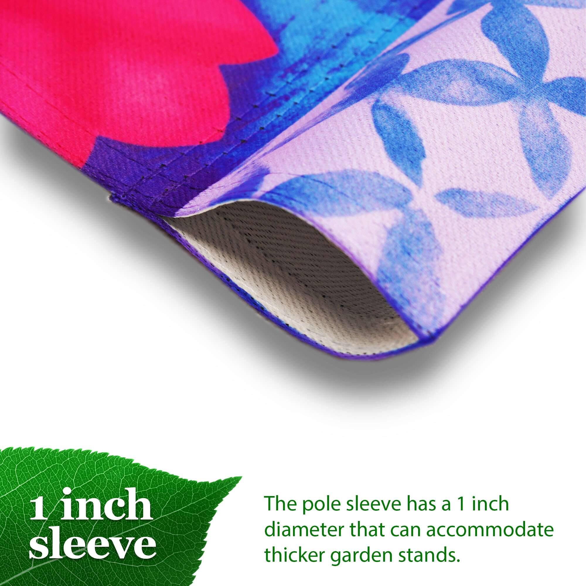 1 inch sleeve

The pole sleeve has a 1 inch diameter that can accommodate thicker garden stands.