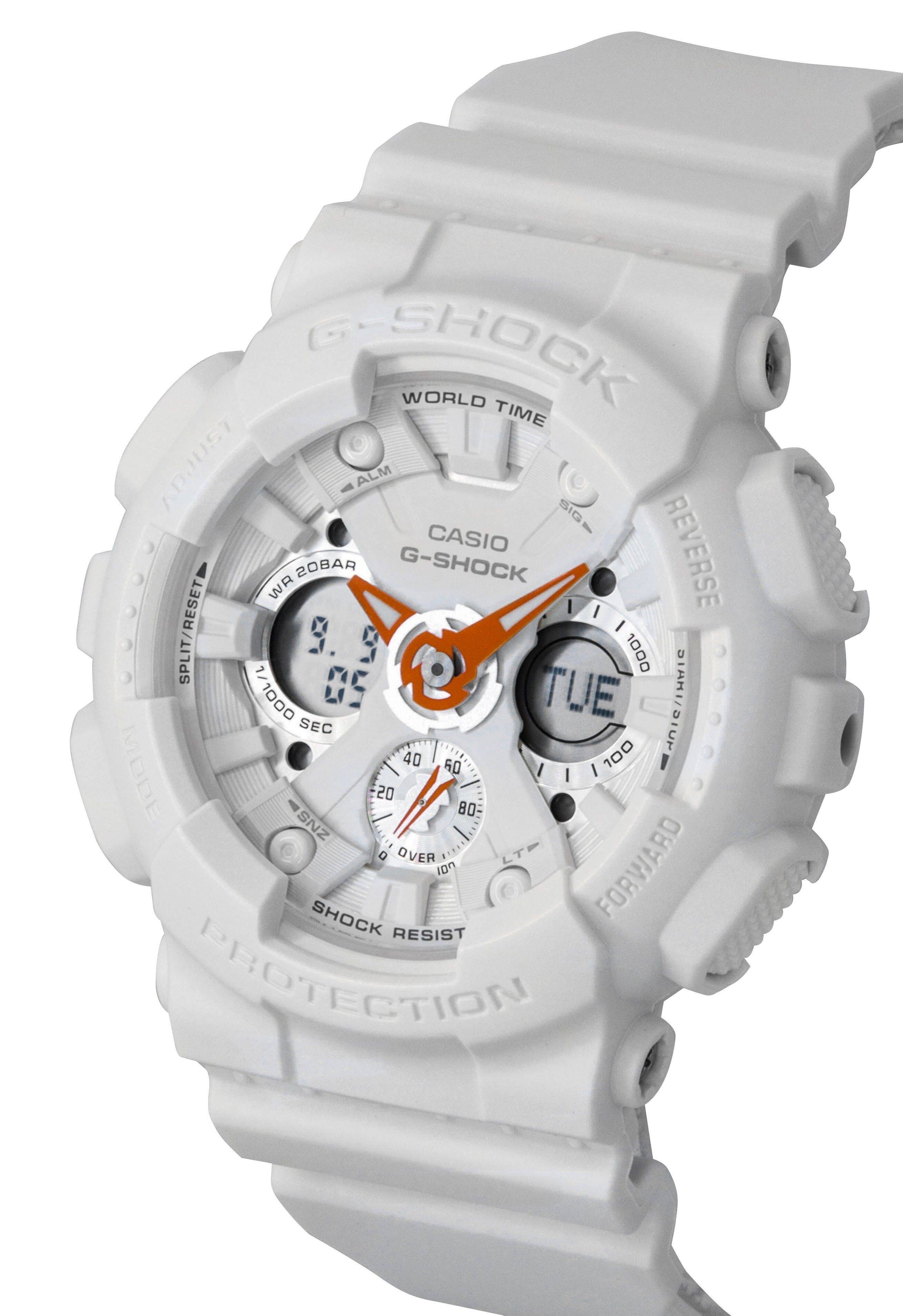 G-SHOCK WORLD TIME LS0P AY ALM SIG CASIO REVERSE 20BAR G-SHOCK WA SPLIT/RESET 9.9 9.05 9 1000 1/1000 TUE | SEC 40 60 100 MODE A 20 80 SNZ 0 OVER LTF SHOCK i0n FORWARD RESIST PROTECTION