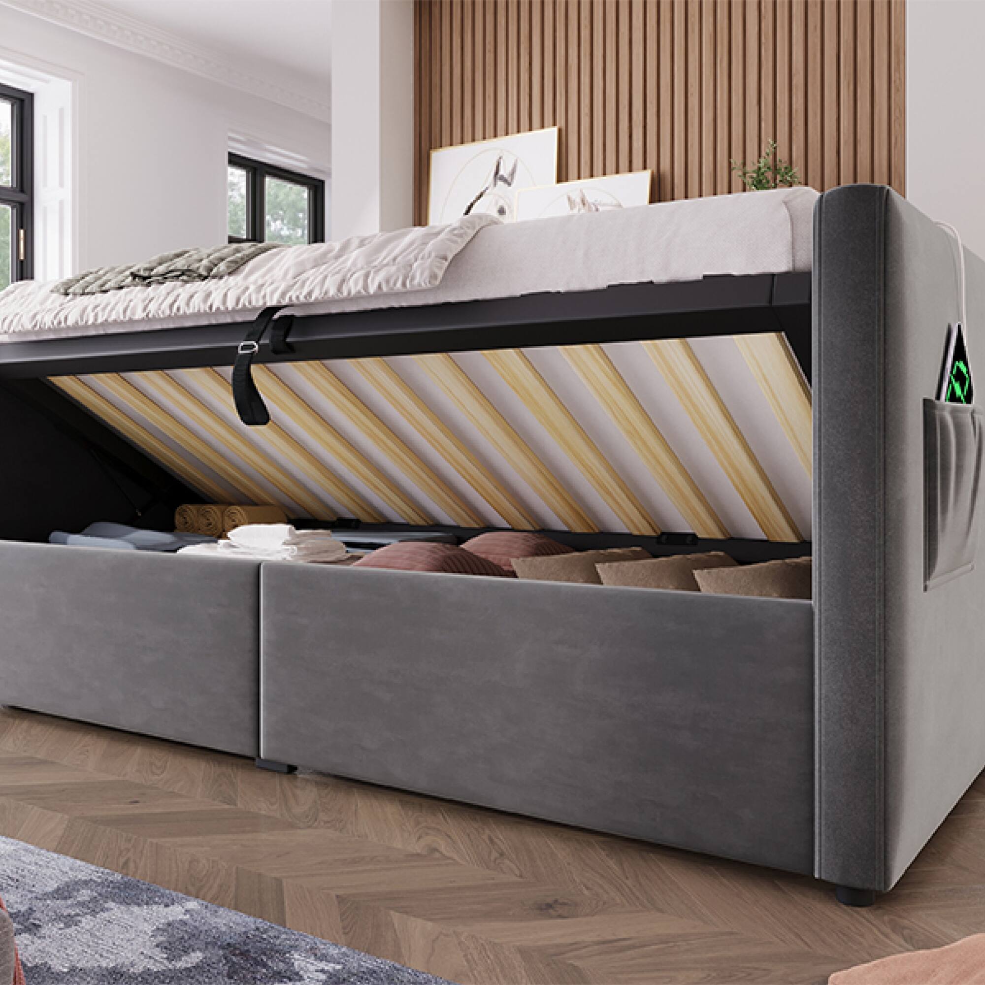 Alt View 8. GOODSILO - Upholstered Twin Size Daybed with Hydraulic Storage and USB Charging, Tufted Sofa Back Design - Gray.