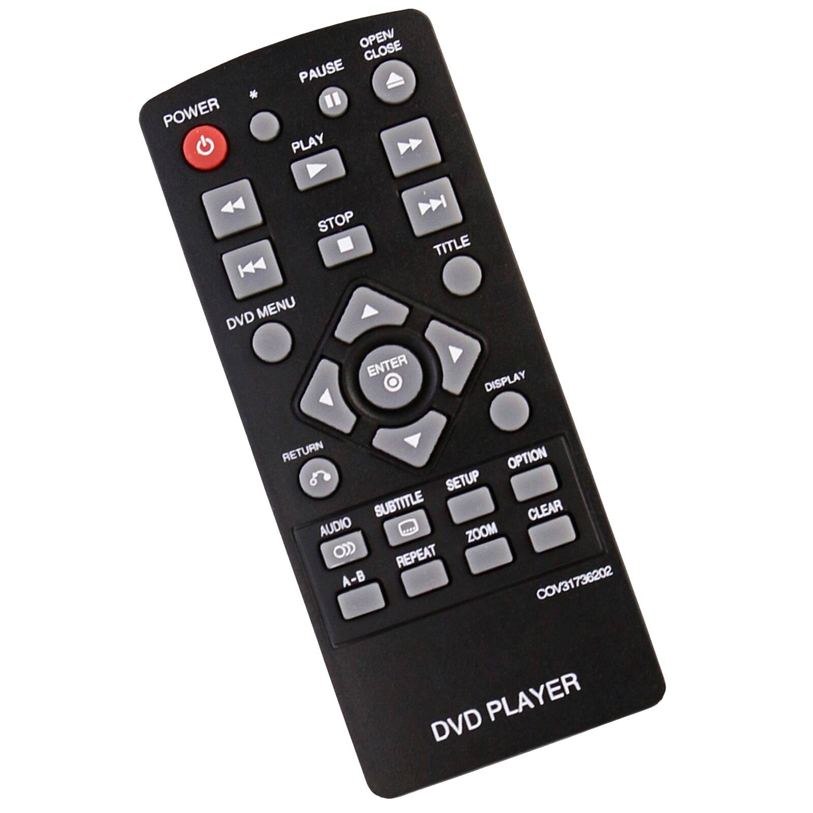 POWER * OPEN CLOSE PAUSE " PLAY STOP TITLE K4 DVD MENU ENTER DISPLAY RETURN OPTION SETUP SUBTITLE CLEAR AUDIO ZOOM REPEAT A-B COV31738202 DVD PLAYER