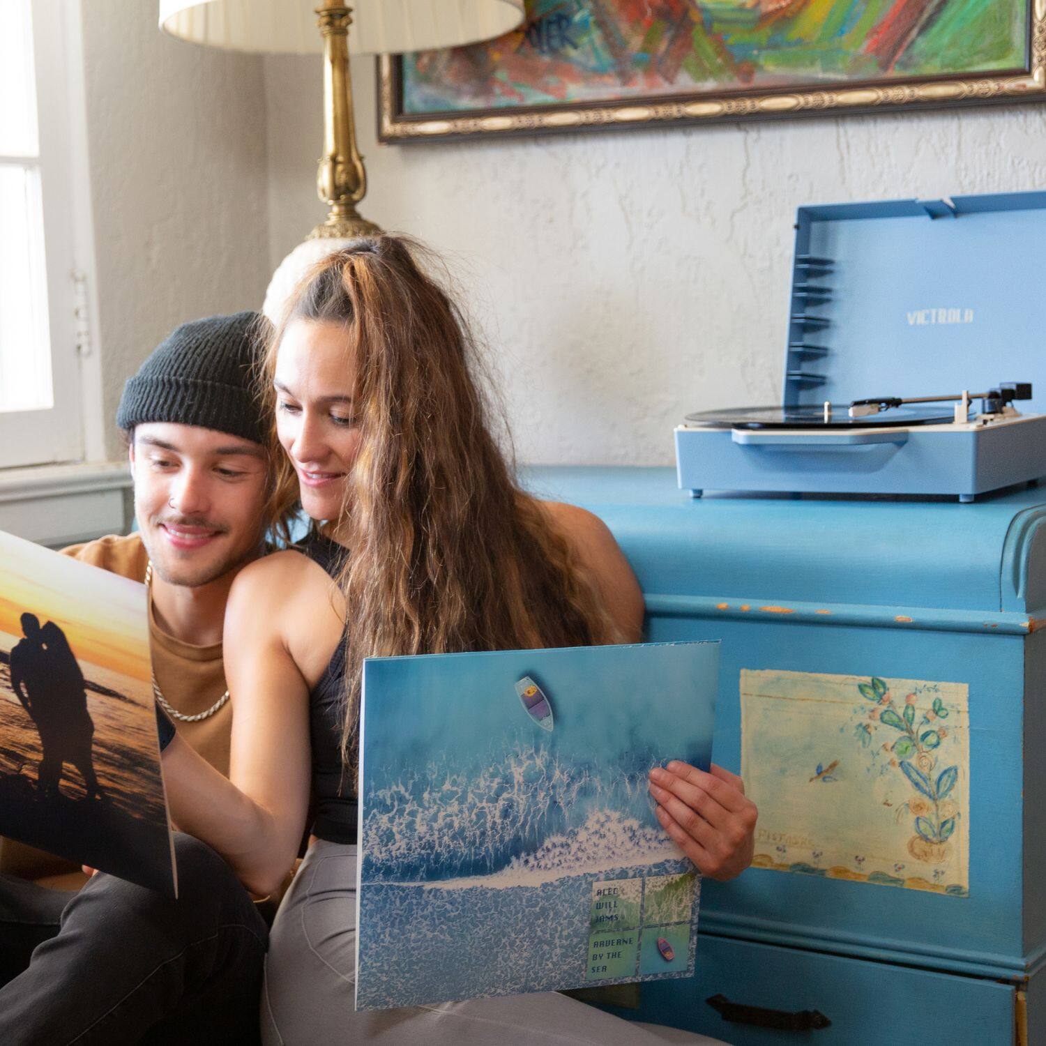 Alt View Zoom 24. Victrola - Re-Spin Sustainable Bluetooth Suitcase Record Player - Light Blue.