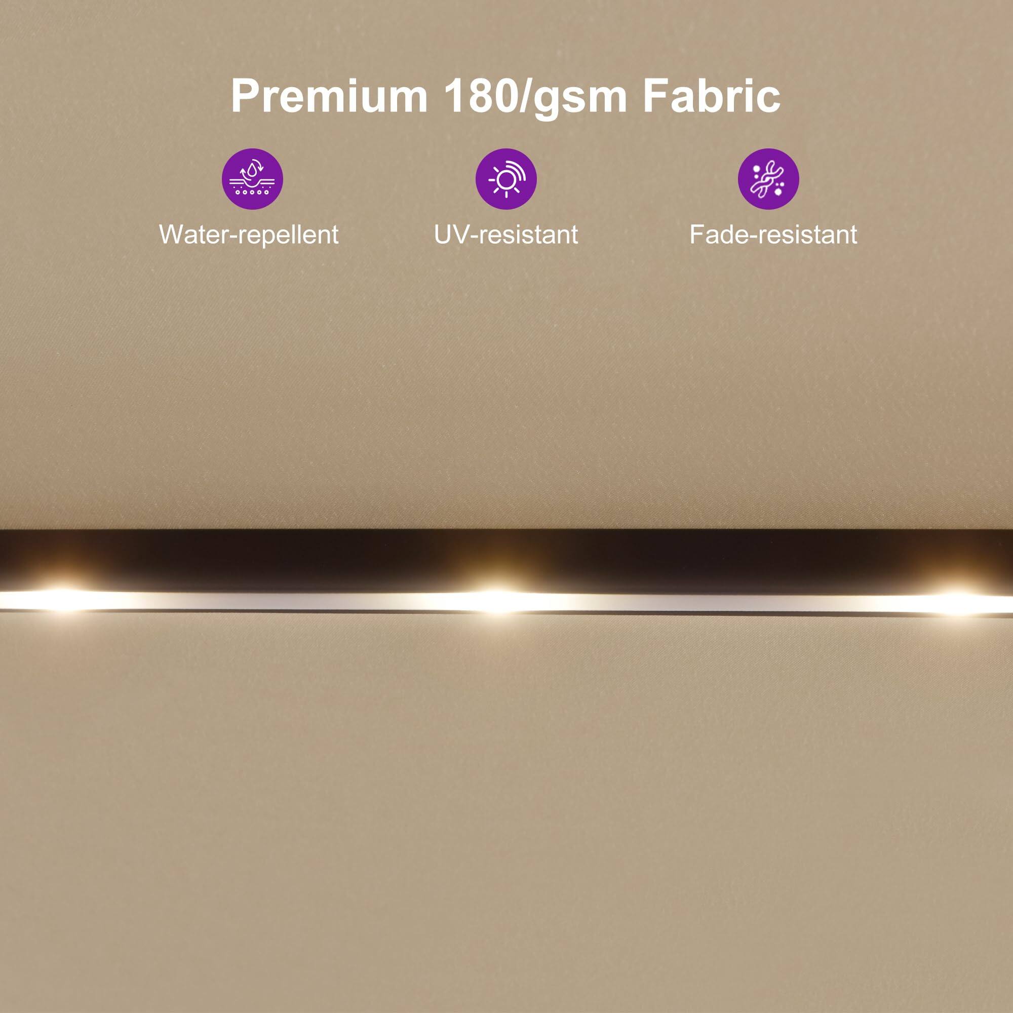 Premium 180/gsm Fabric

- Water-repellent
- UV-resistant
- Fade-resistant