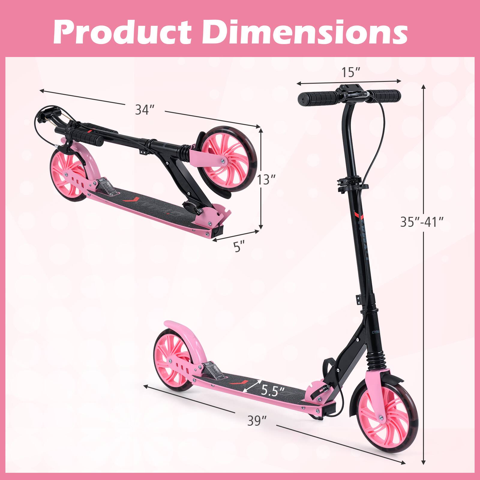Product Dimensions

15"  
34"  
13"  
5"  
35"-41"  
5.5"  
39"