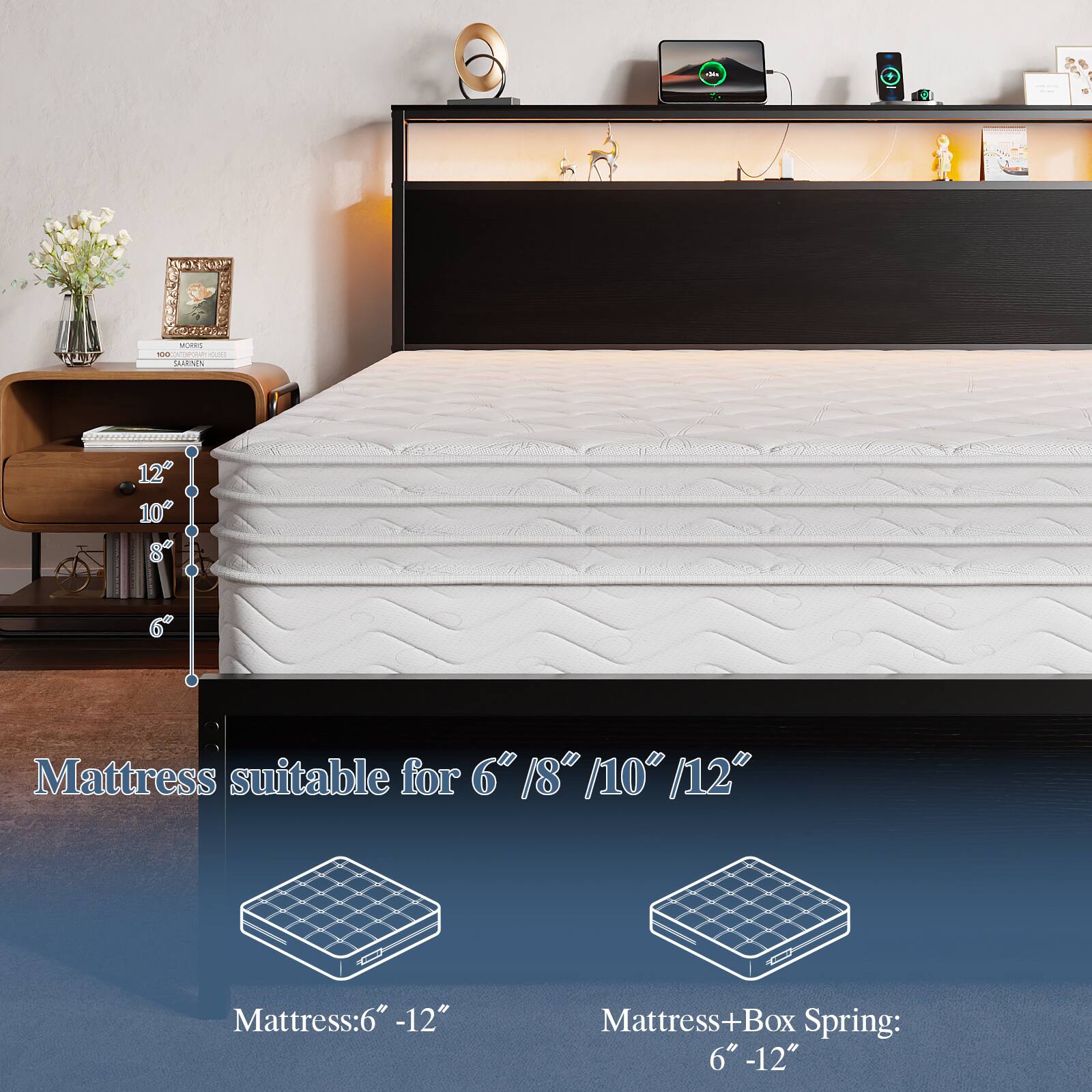d + MURRS a - JUENI 12 10 8" 6" Mattress suitable for 6" / 8" / 10" / 12" Mattress: 6" - 12" Mattress+Box Spring: 6" - 12"