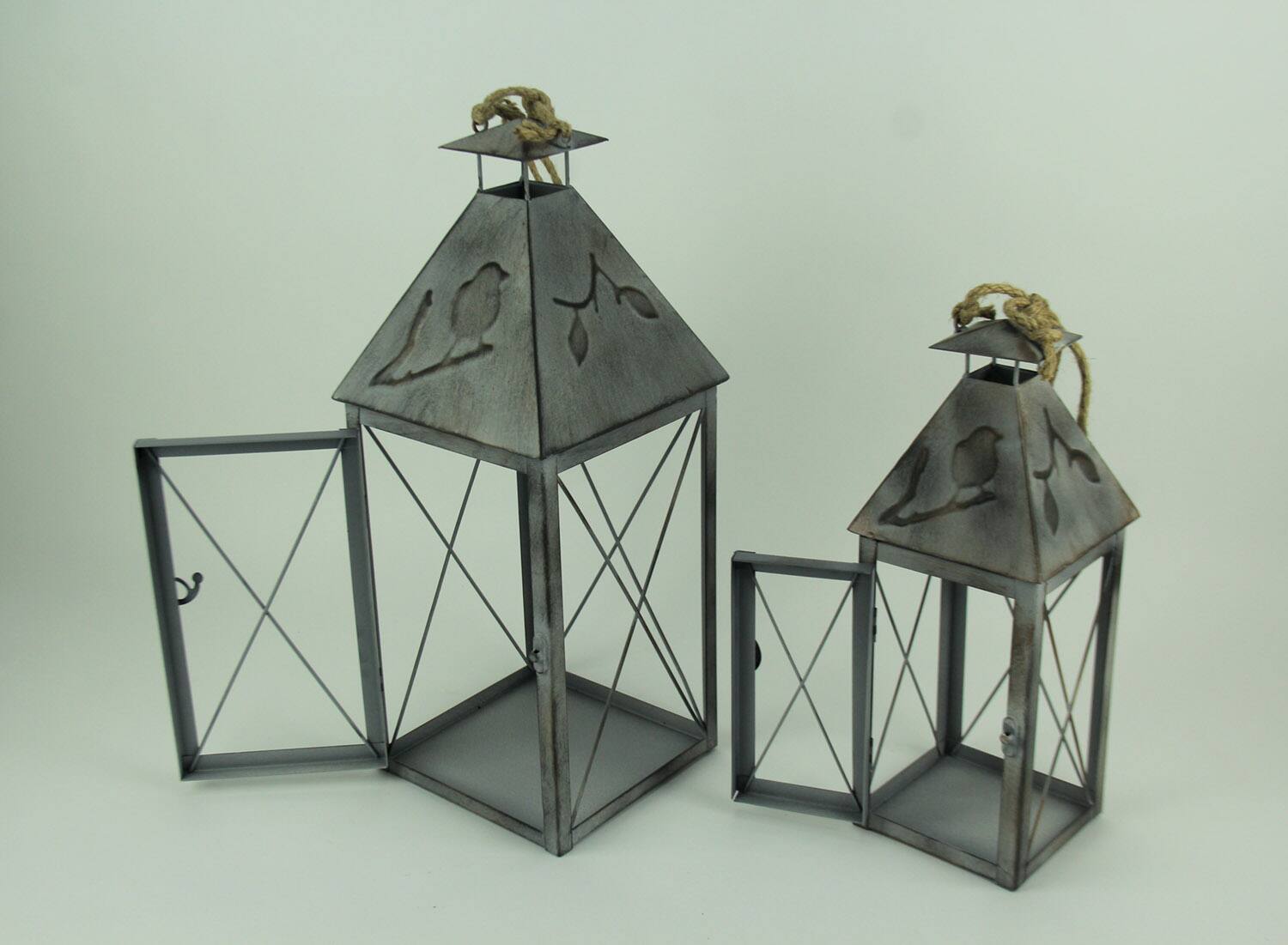 Alt View 1. Zeckos - Vintage Grey Metal Bird On Branch Square Candle Lantern Set of 2 - Gray.