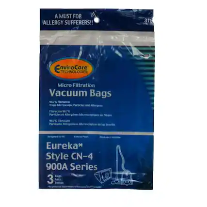 A MUST FOR ALLERGY SUFFERERS!!
318 EnviroCare Technologies Micro Filtration Vacuum Bags
99.7% Filtration Traps Microscopic Particles and Allergens
Filtración 99.7% Partículas y Alergénicos Microscópicos de Polvo
99.7% Filtración Partículas Alérgenicos Microscópicos de los Desvios
Designed to Fit: Conçu Pour Générer a Eureka* Style CN-4 900A Series Bags
3 Sacs Bolsas