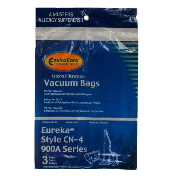A MUST FOR ALLERGY SUFFERERS!!  
318 EnviroCare Technologies Micro Filtration Vacuum Bags  
99.7% Filtration Traps Microscopic Particles and Allergens  
Filtración 99.7% Partículas y Alergénicos Microscópicos de Polvo  
99.7% Filtración Partículas Alérgenicos Microscópicos de los Desvios  
Designed to Fit: Conçu Pour Générer a Eureka* Style CN-4 900A Series Bags  
3 Sacs Bolsas
