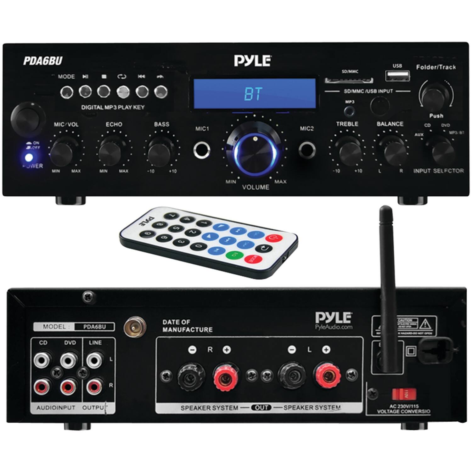 The image features a Pyle brand audio system, which includes a speaker system, a remote control, and a USB device. The audio system is designed to play digital MP3 files and has various controls for adjusting the volume, balance, and other settings. The remote control is placed next to the audio system, while the USB device is located nearby. The audio system is likely used for listening to music or other audio content on a computer or other device.