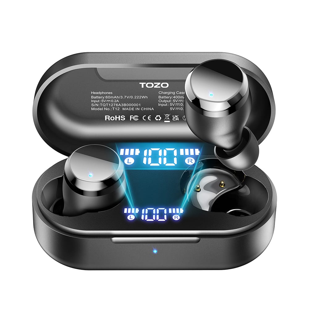 TOZO Headphones Charging Case Battery:60mAh/3.7V/0.222Wh Battery:400mAh Input:5V=0.2A Output 5V S/N:TQT1276A3B000001 Model No.:T112 MADE IN CHINA RoHS FC CE UK CA L 181 R L 1001 R