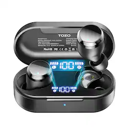 TOZO - T12 LED Display Bluetooth 5.3 Ear Buds, 55H Play, ENC Clear Call, IPX8, APP-32EQ, Stereo Powerful Bass, Wireless Charge - Black