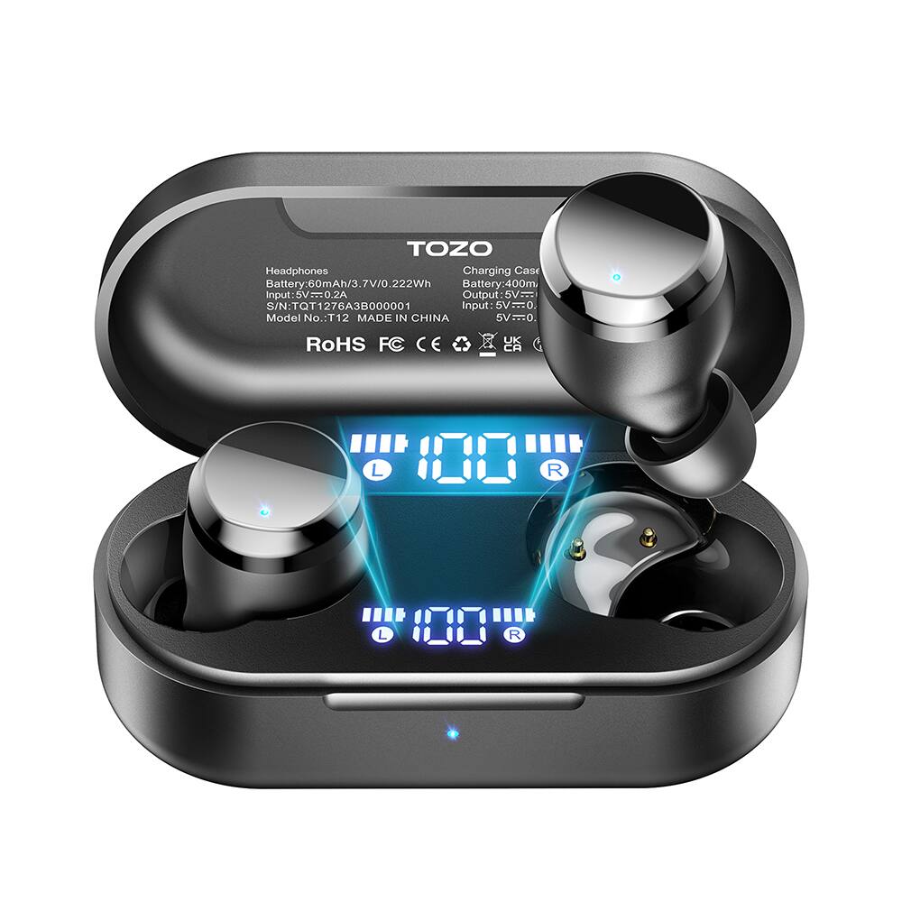 TOZO Headphones Charging Case Battery:60mAh/3.7V/0.222Wh Battery:400mAh Input:5V=0.2A Output 5V S/N:TQT1276A3B000001 Model No.:T112 MADE IN CHINA RoHS FC CE UK CA L 181 R L 1001 R