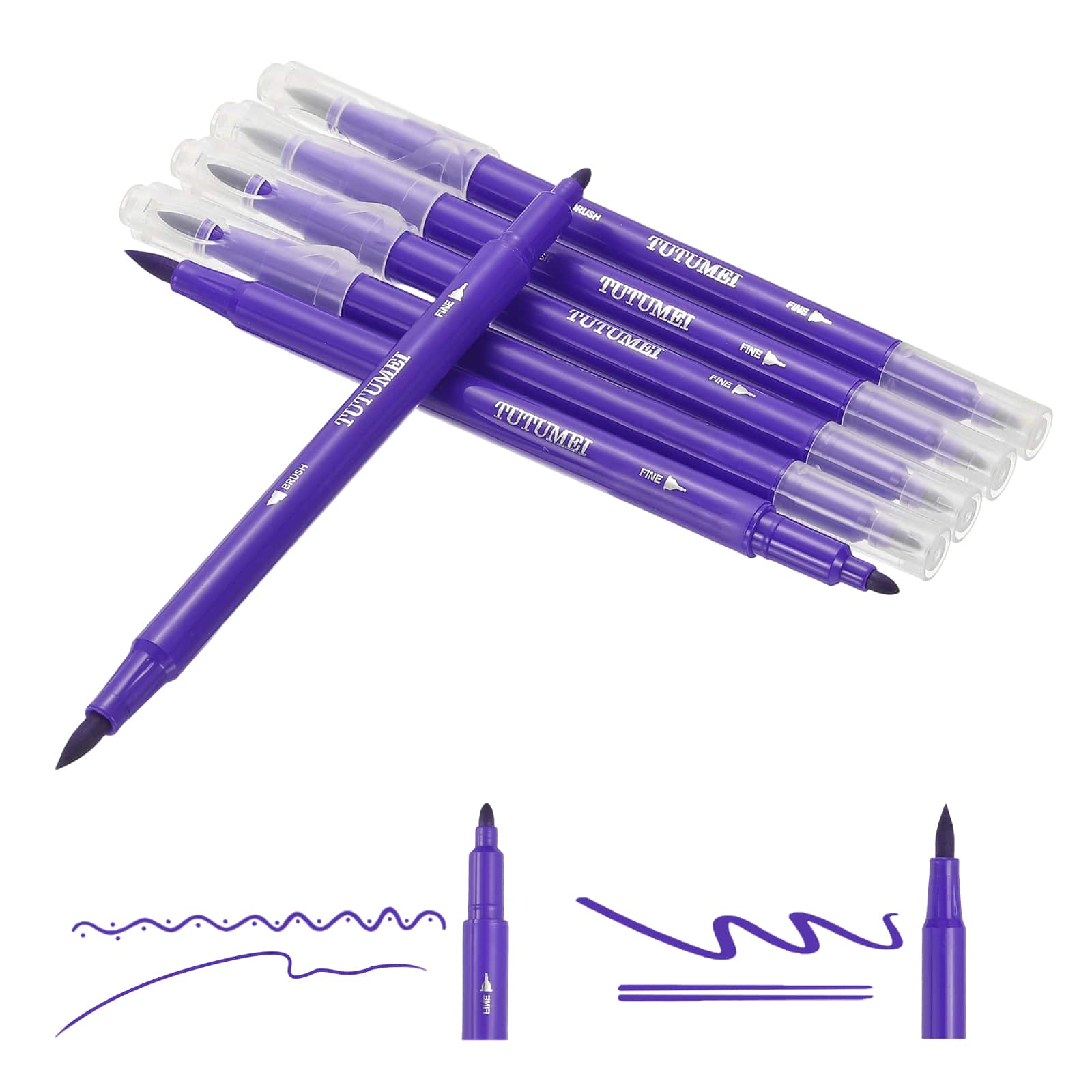 Unique Bargains - Dual Brush Markers, Fine & Brush Tip Artist Colored Marker Set 6pcs for Adult Coloring Lettering Journaling - Deep Purple
