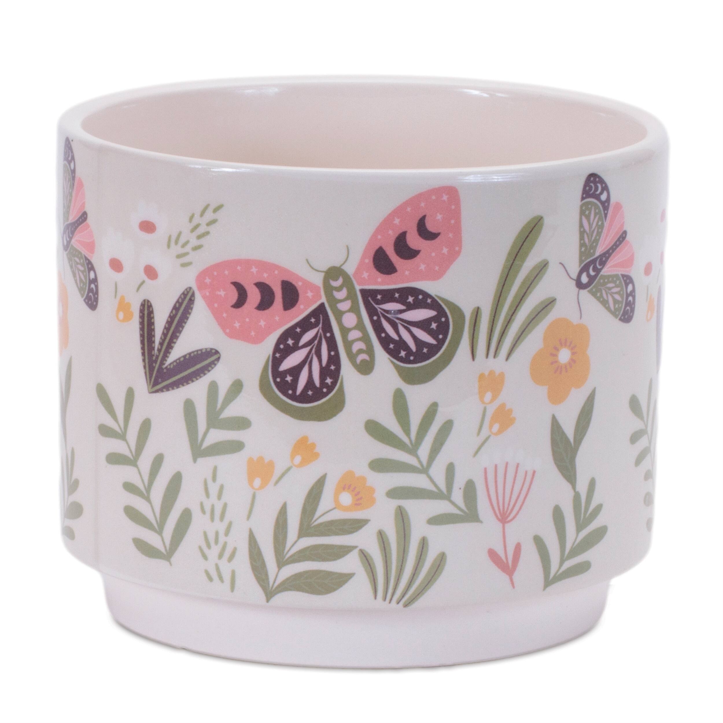 Left. BreeBe - Stone Floral Patterned Planter (Set of 3) - Beige, Green.