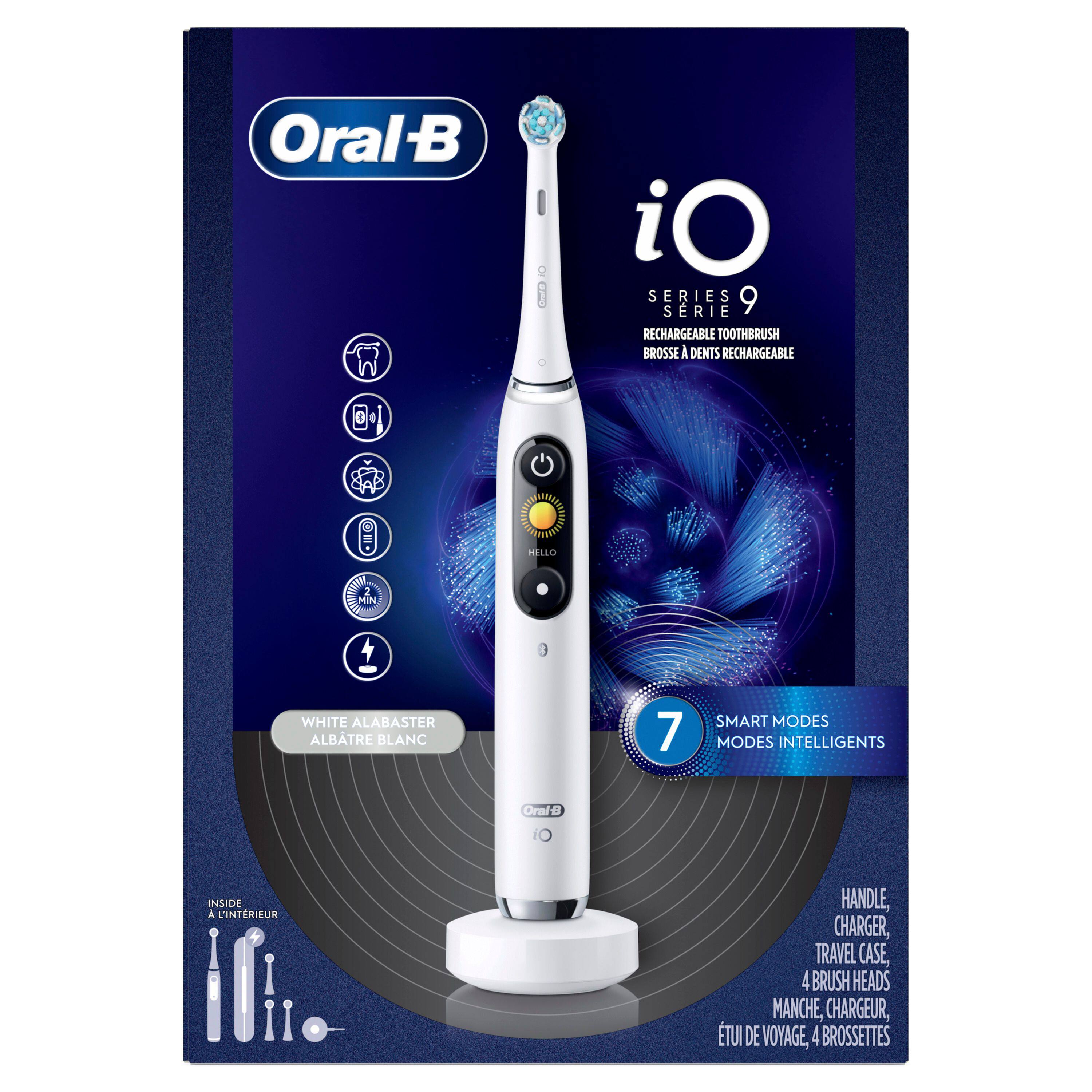Oral-B iO Series 9 Rechargeable Toothbrush  
Brosse à Dents Rechargeable  
Hello White Alabaster Blanc  
7 Smart Modes  
Modes Intelligents  
Handle, Charger, Travel Case, 4 Brush Heads  
Manche, Chargeur, Étui de Voyage, 4 Brossettes