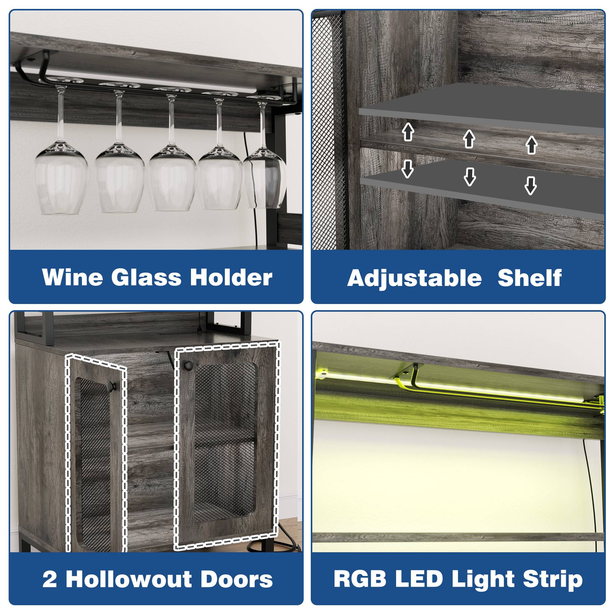 Wine Glass Holder Adjustable Shelf 2 Hollowout Doors RGB LED Light Strip
