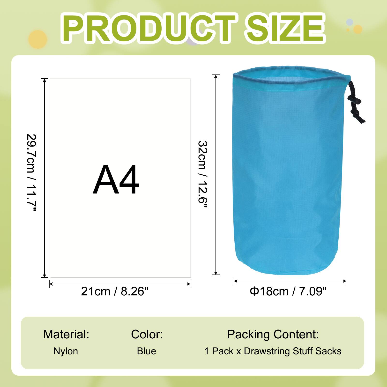 PRODUCT SIZE

- A4
  - 29.7cm / 11.7"
  - 21cm / 8.26"

- 32cm / 12.6"
- Ø18cm / 7.09"

Material: Nylon  
Color: Blue  
Packing Content: 1 Pack x Drawstring Stuff Sacks
