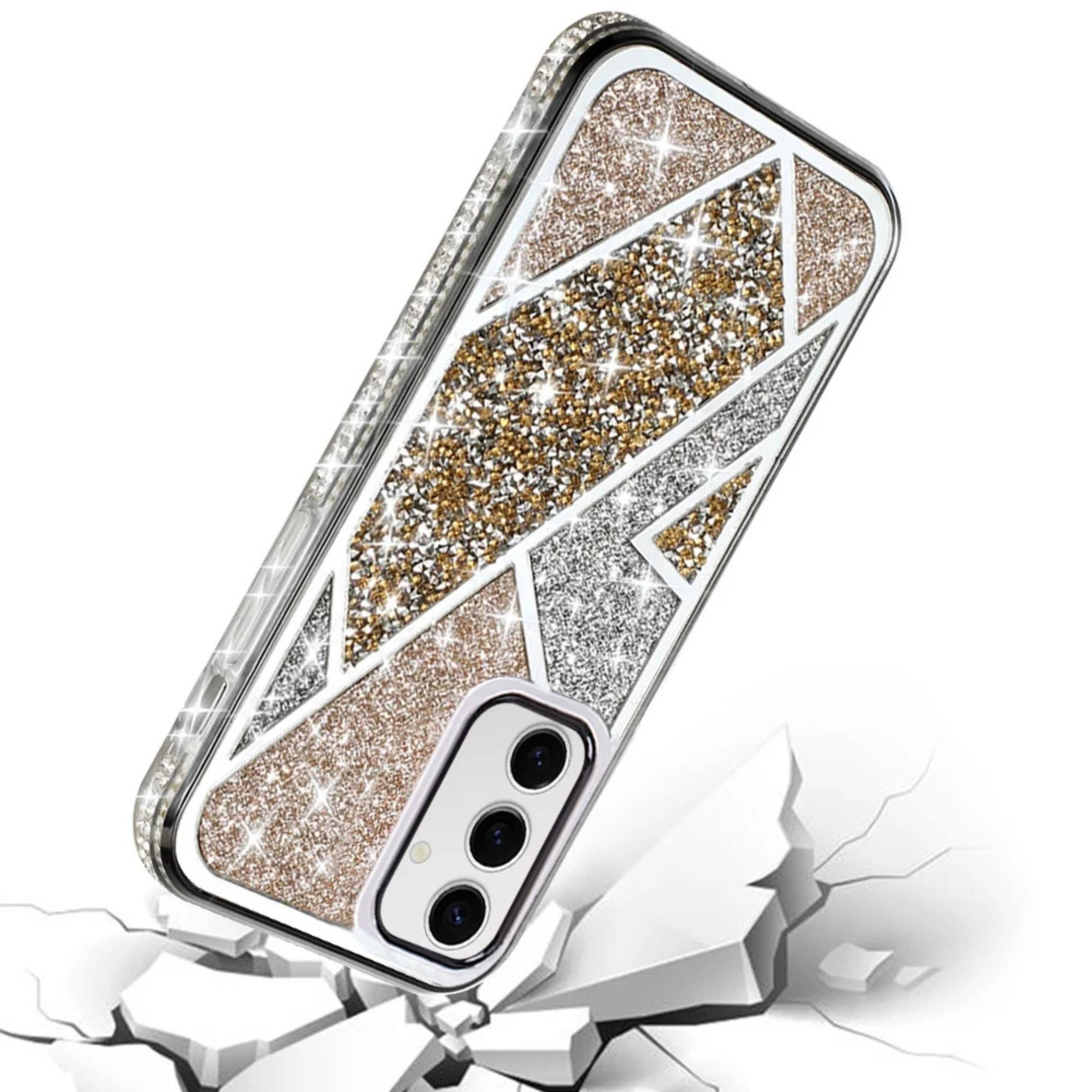 Angle. Kitcheniva - Rhombus Bling Glitter Diamond Phone Case With Tempered Glass For Samsung S25 Plus S24 Plus Gold - Gold.