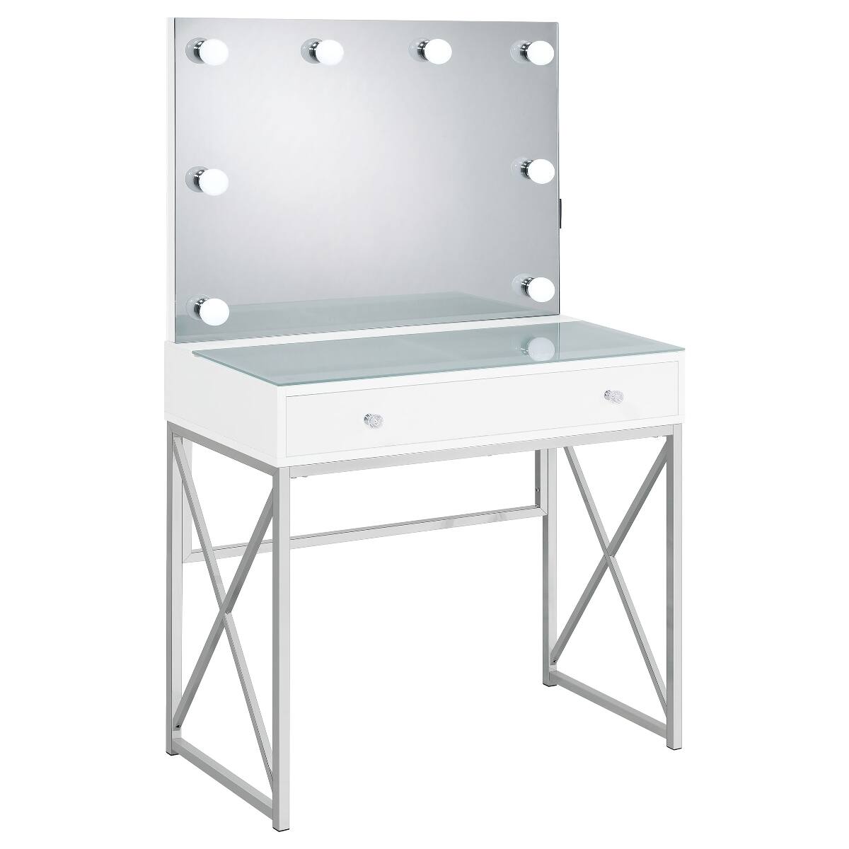 Left. Loheer - Loheer White Makeup Vanity Set with Mirror and Stool, Lighted Globe Mirror and Drawer - White.