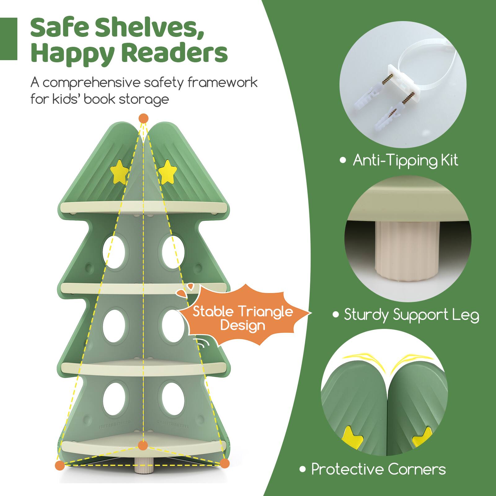Safe Shelves, Happy Readers  
A comprehensive safety framework for kids' book storage  

- Anti-Tipping Kit  
- Stable Triangle Design  
- Sturdy Support Leg  
- Protective Corners