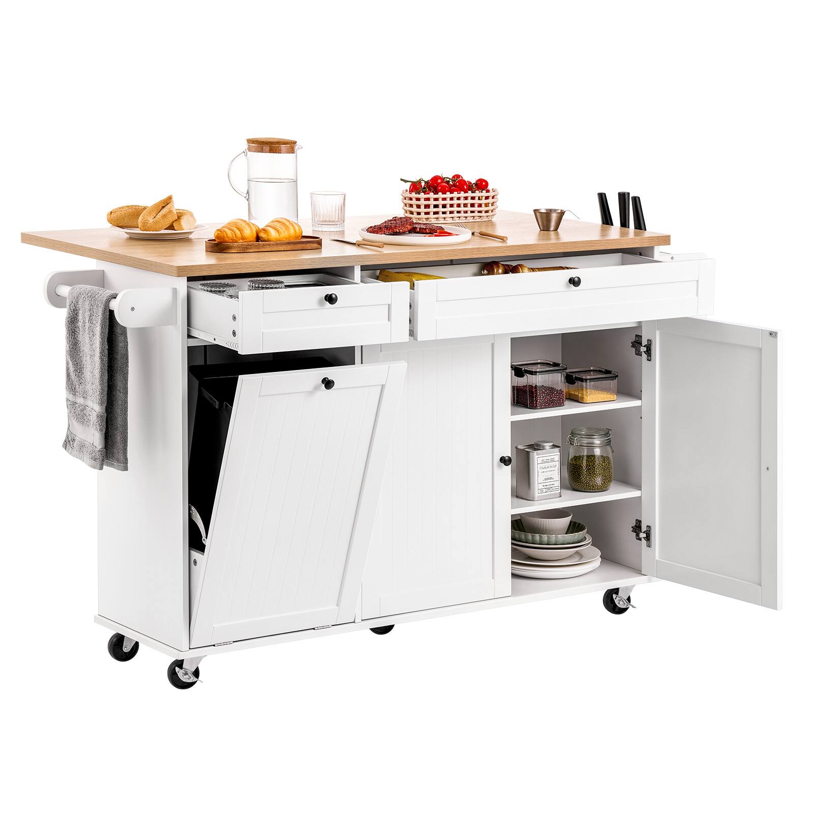 VEVOR - Kitchen Island Cart with Storage, 60in Wide Mobile Kitchen Cart with Wheels, Drop Leaf, 2 Drawers, Trash Can Cabinet - White