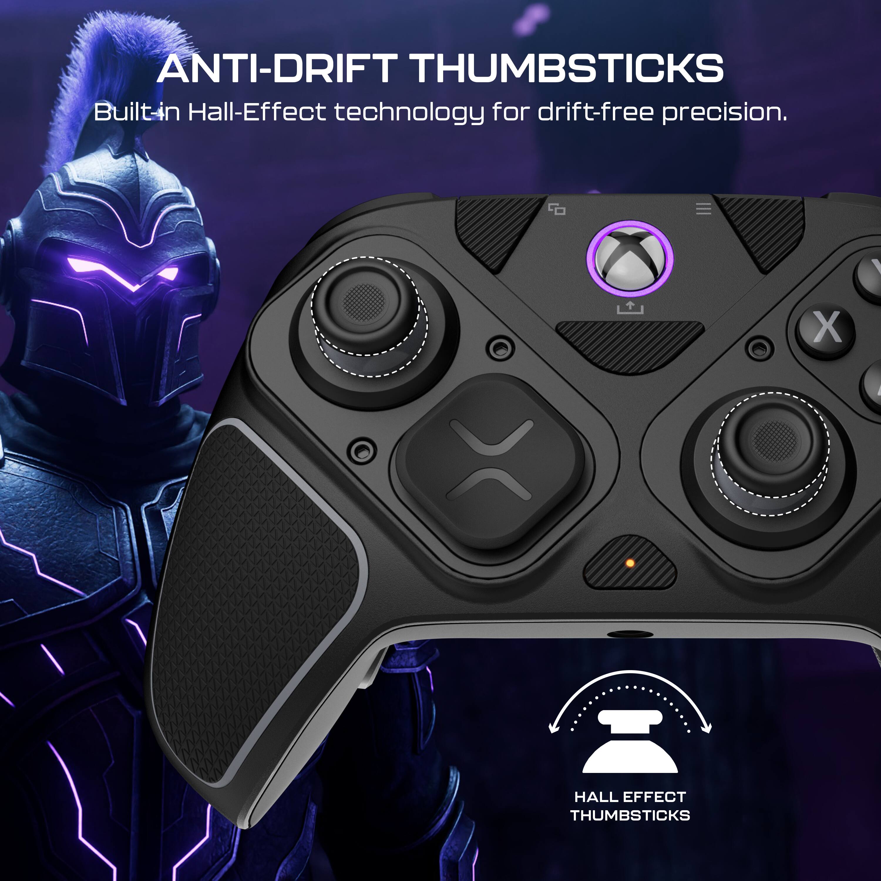 ANTI-DRIFT THUMBSTICKS Built-in Hall-Effect technology for drift-free precision. = X  > - HALL EFFECT THUMBSTICKS