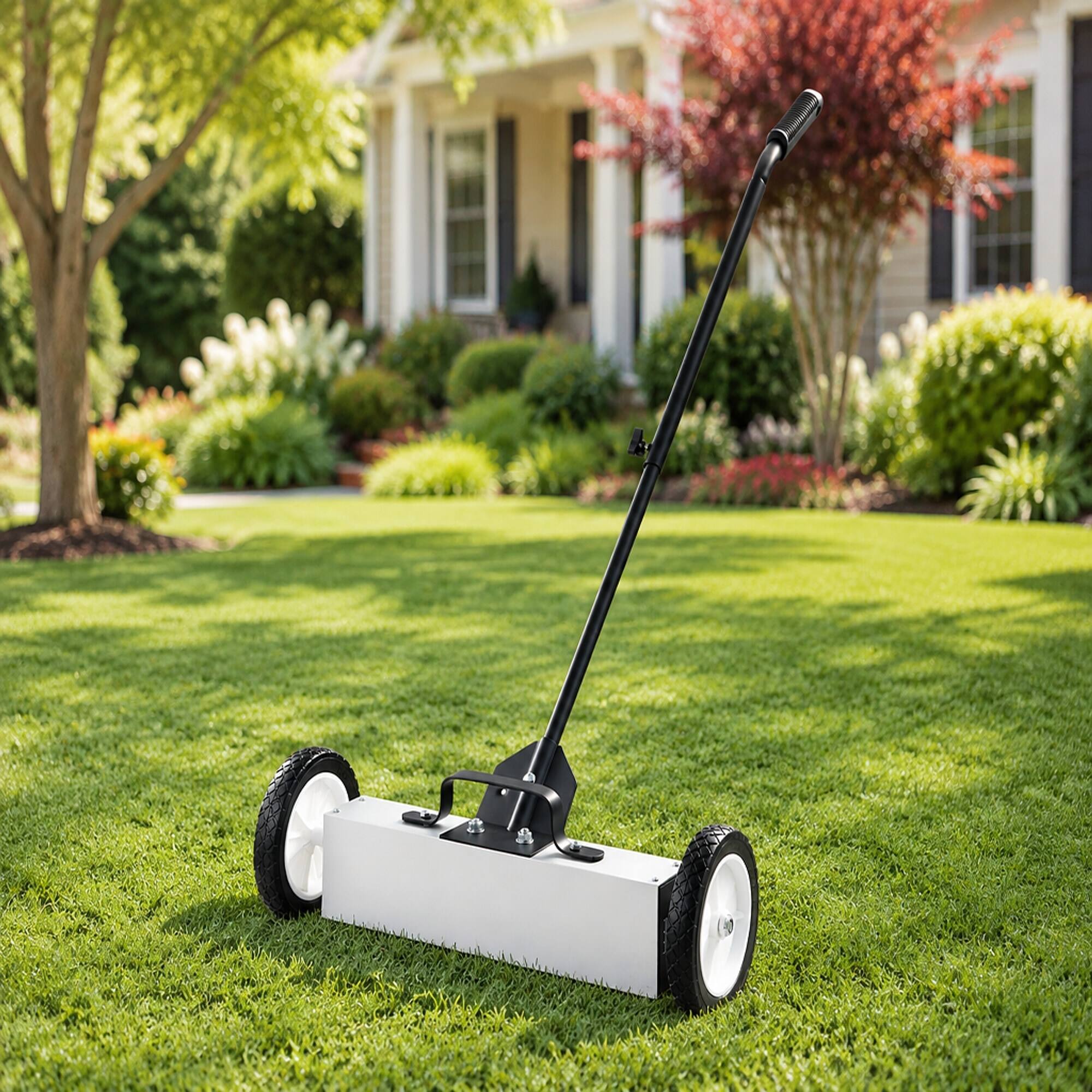 Alt View 2. RYHNUYNE - 45 lbs Rolling Magnetic Sweeper, 18 in Push-Type Pickup Tool, Telescoping Handle, Quick Release, Garage Yard - White.