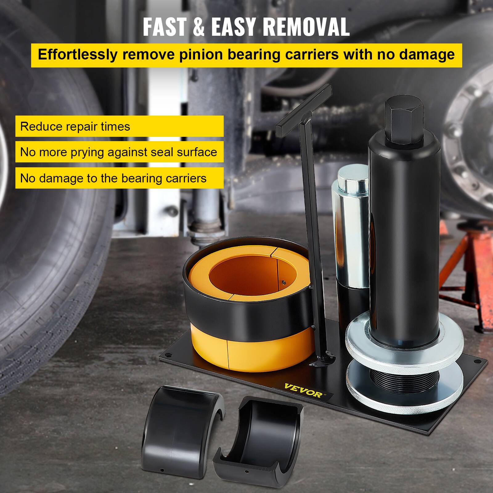 FAST & EASY REMOVAL

Effortlessly remove pinion bearing carriers with no damage

- Reduce repair times
- No more prying against seal surface
- No damage to the bearing carriers

VEVOR