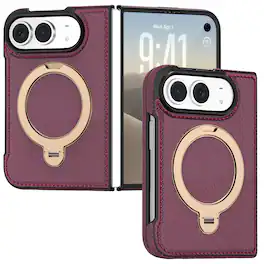 Dteck - Shockproof Phone Case for Apple iPhone Duo, Magnetic Leather Textured Protective Cover with Rotating Ring Holder - Cherryred