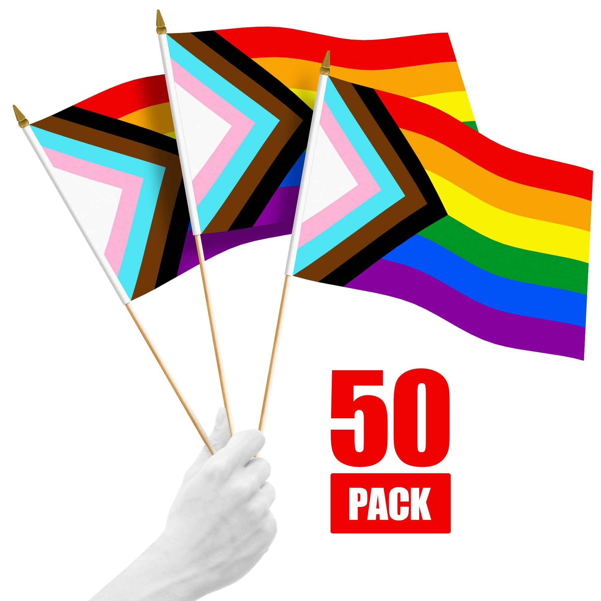 G128 - 50 Pack Handheld LGBT Progress Rainbow Pride Stick Flags 12 x 18 in - Assorted Colors