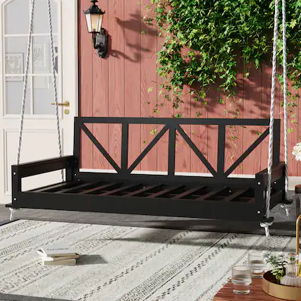 Front. APRILSOUL - Acacia Wood Twin Size Patio Swing Bed Modern Porch Swing with Hemp Ropes for Garden Backyard Black - Black.