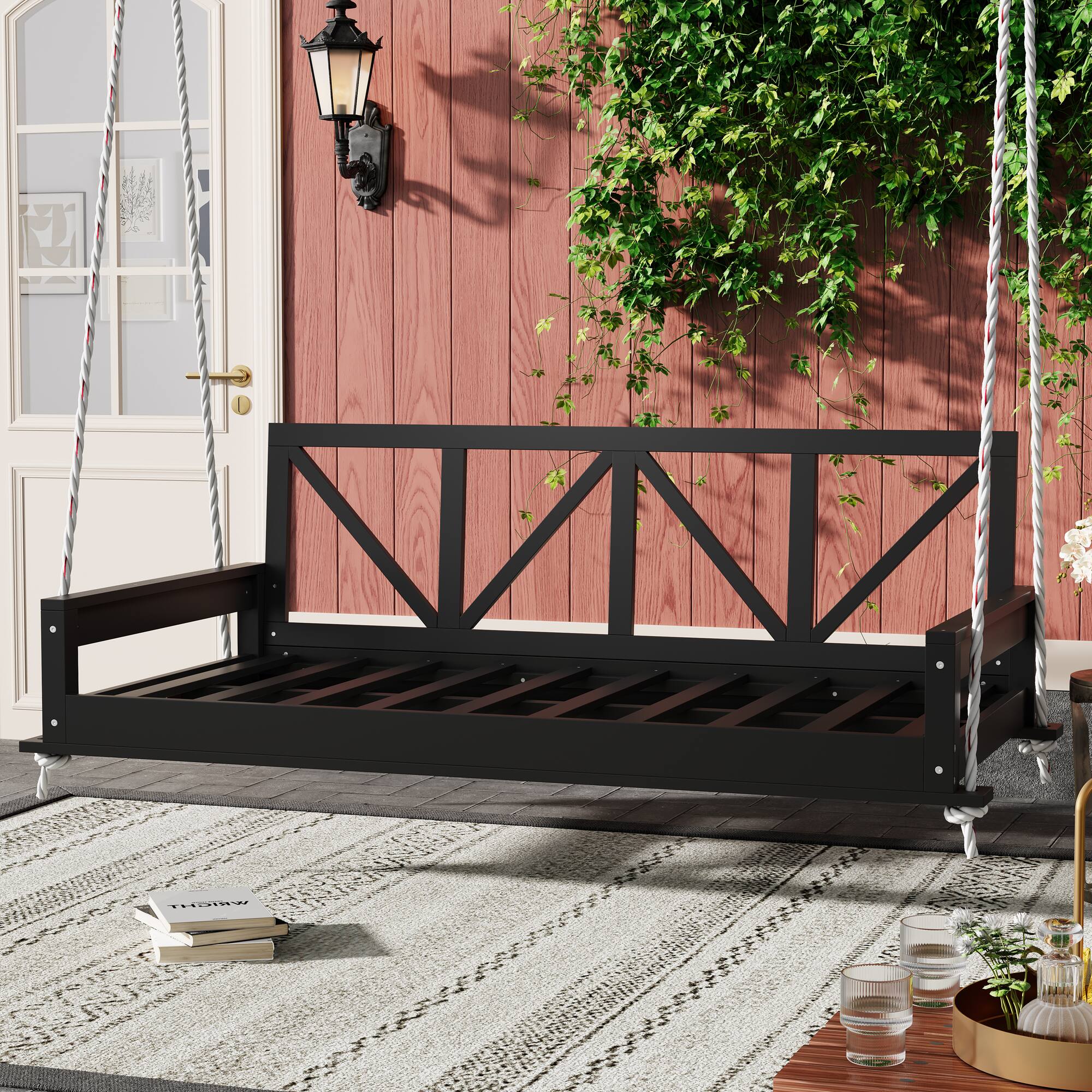 Front. APRILSOUL - Acacia Wood Twin Size Patio Swing Bed Modern Porch Swing with Hemp Ropes for Garden Backyard Black - Black.
