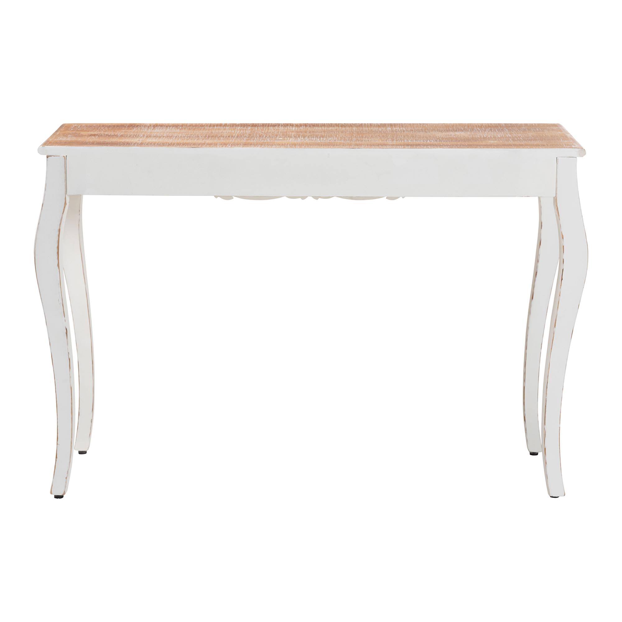 Back. Baxton Studio - Riquin Distressed Wood Console Table - Carved Wood Accent Table with Floral Motif and Two-Tone Finishing - Natural Brown/White.