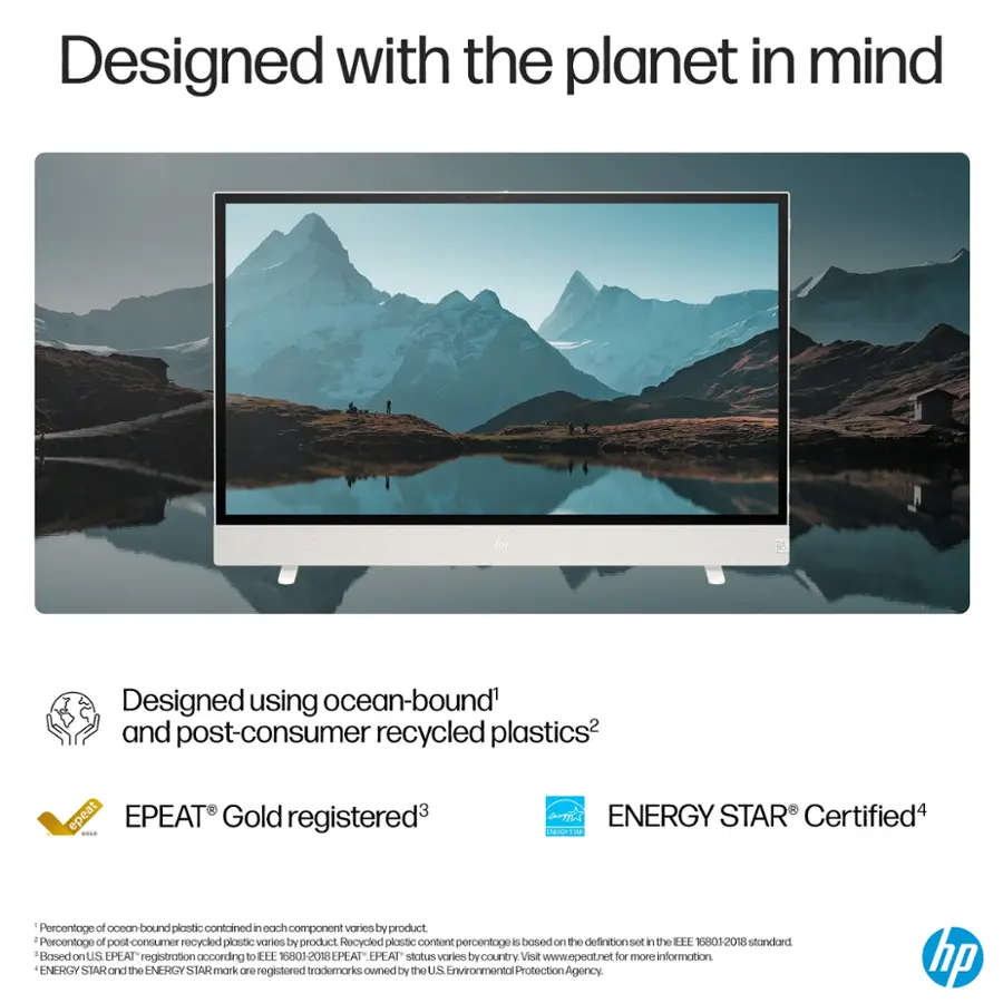 Designed with the planet in mind. Designed using ocean-bound and post-consumer recycled plastics. EPEAT Gold registered. ENERGY STAR Certified. Percentage of ocean-bound plastic contained in each component varies by product. Percentage of post-consumer recycled plastic varies by product. Recycled plastic content percentage is based on the definition set by the IEEE 1609.2-2018 standard. Based on US EPEAT registration according to IEEE 6803.2018. EPEAT status varies by country. Visit www.epeat.net for more information. ENERGY STAR and the ENERGY STAR mark are registered trademarks owned by the US Environmental Protection Agency. HP.