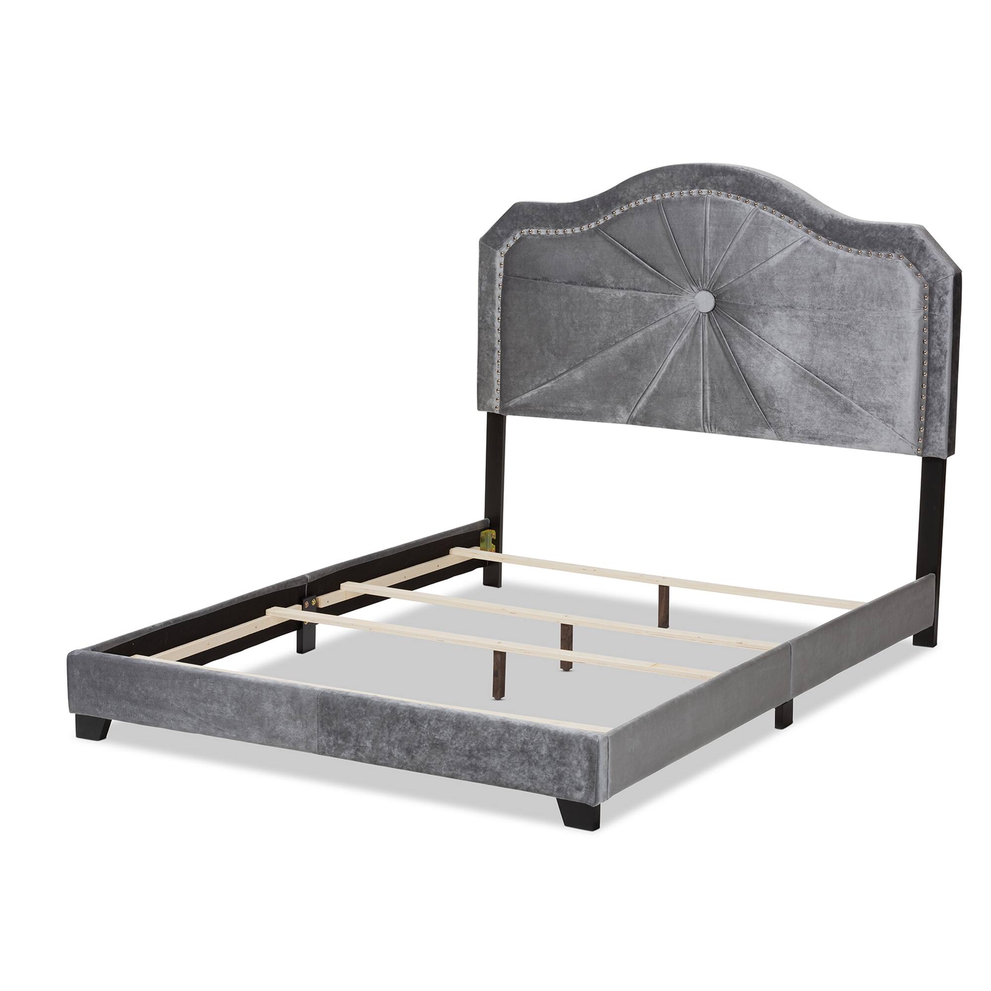 Left. Baxton Studio - Embla Modern and Contemporary Velvet Fabric Upholstered Queen Size Bed - Gray.