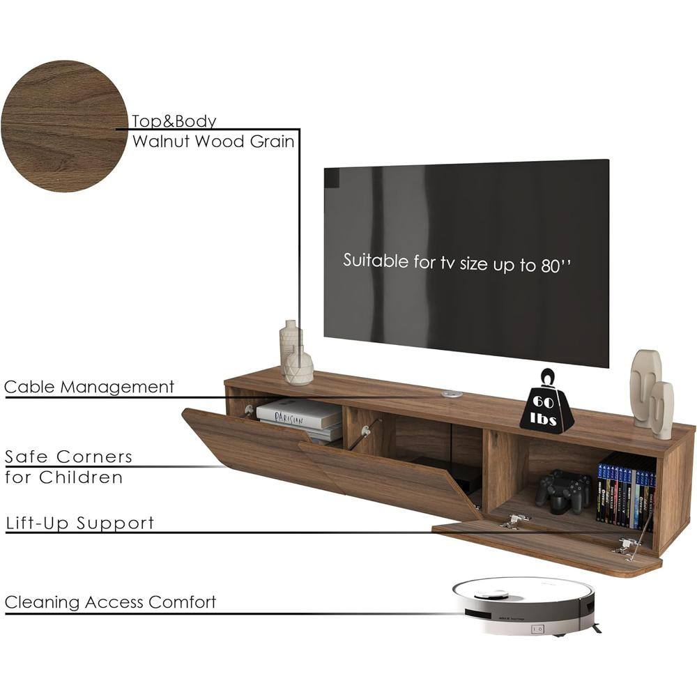 - Top & Body: Walnut Wood Grain
- Suitable for TV size up to 80"
- Cable Management
- Safe Corners for Children
- Lift-Up Support
- Cleaning Access Comfort
- 60 lbs