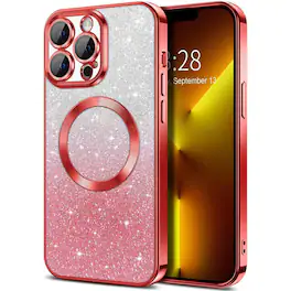 Entronix - Magnetic Case for iPhone 14 Pro Max - Clear Back Luxury Glossy Cover - Glitter Red