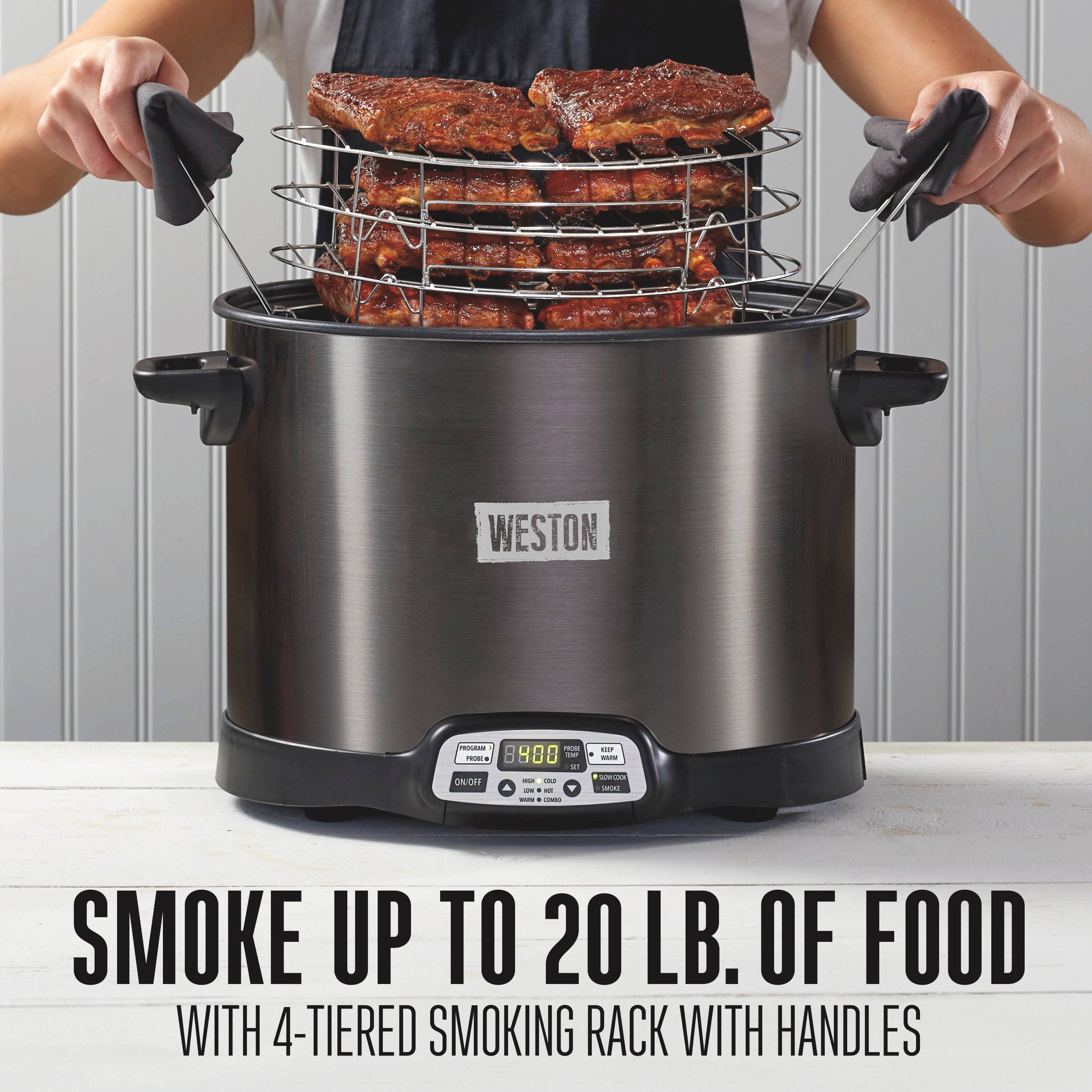WESTON  
PROGRAM PROOS# ON OFF  
PROSE SUP 5 as IC: - xo MARK COMBO  
MAN SIDW COOK SMOKE  
SMOKE UP TO 20 LB. OF FOOD WITH 4-TIERED SMOKING RACK WITH HANDLES