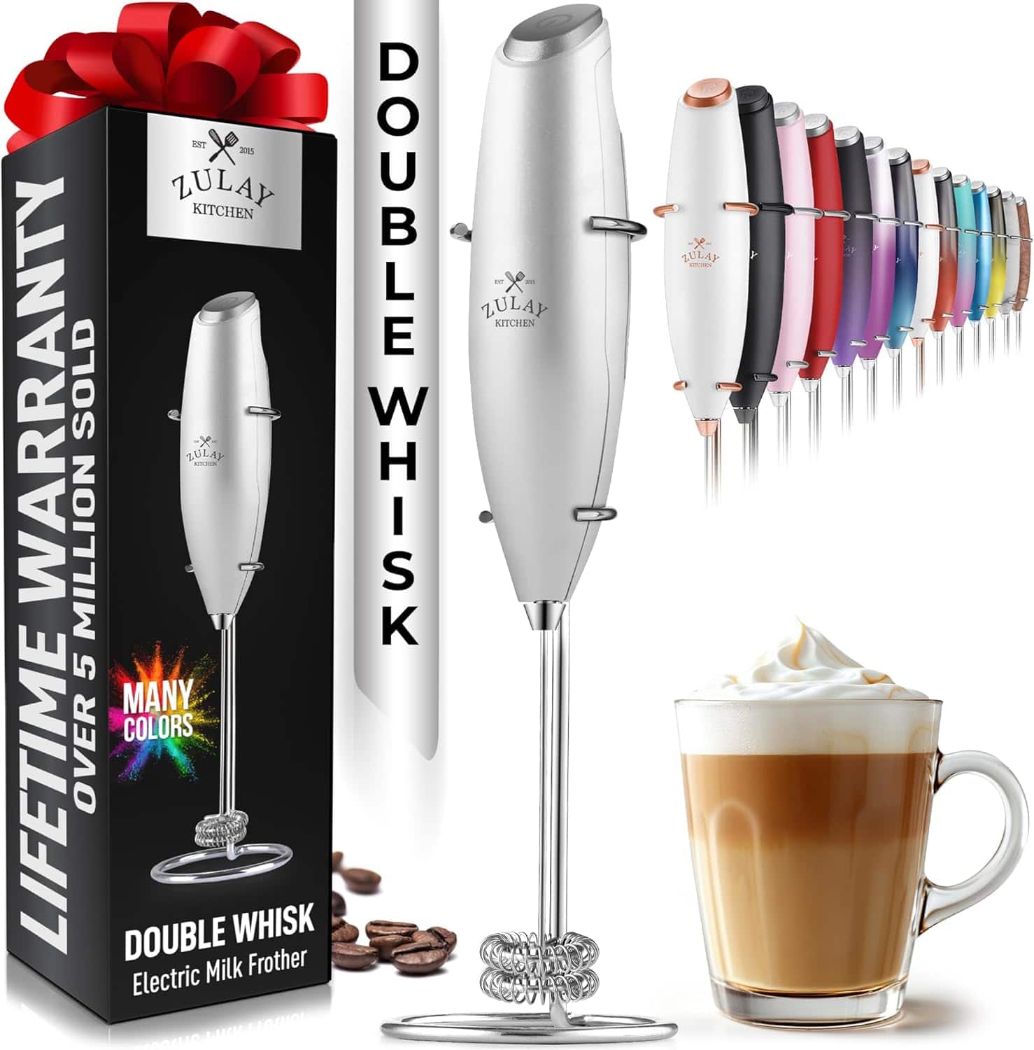 Zulay Kitchen - Powerful Double Whisk Milk Frother Handheld - Foam Maker With Stand - Silver