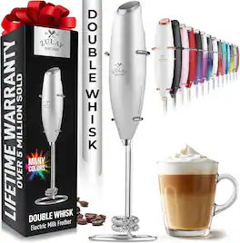 Zulay Kitchen - Powerful Double Whisk Milk Frother Handheld - Foam Maker With Stand - Silver